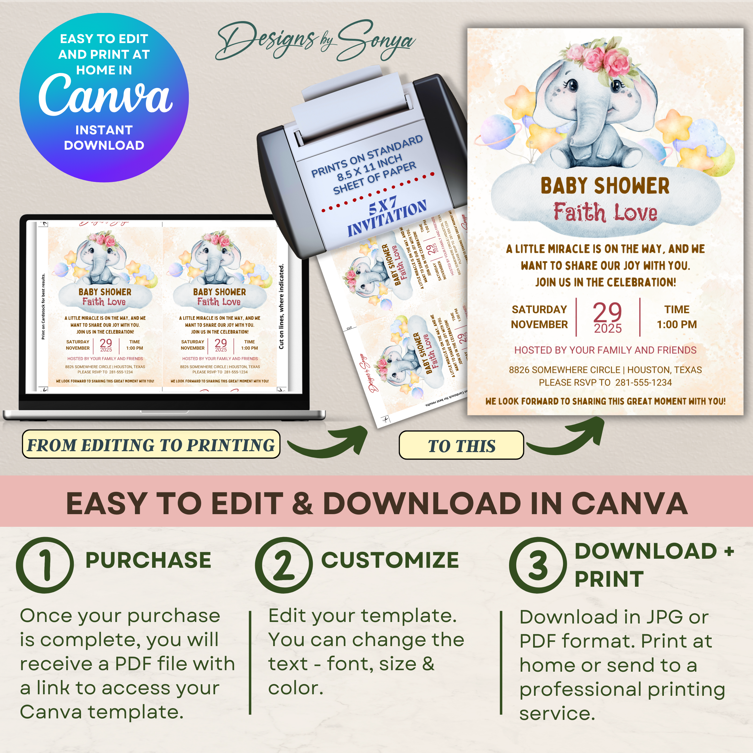 Elephant Baby Shower Invitation Template | Cute Gender Neutral Canva Invite | Editable 5x7 Printable Baby Shower Digital Download for Parents & Hosts