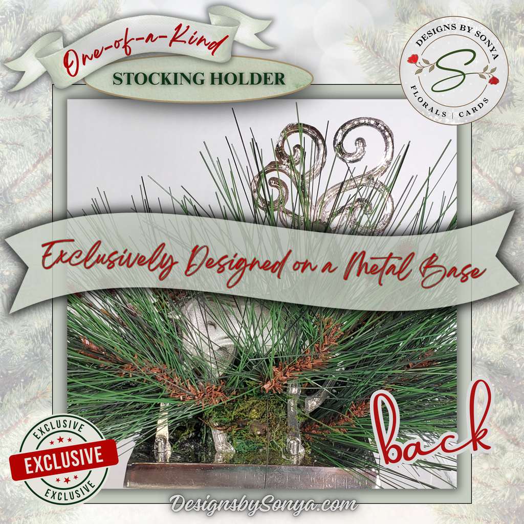Back View Reindeer Stocking Holder Metal Base
Back view of reindeer stocking holder showing sturdy metal base construction. Exclusive design ensures durability and strength.