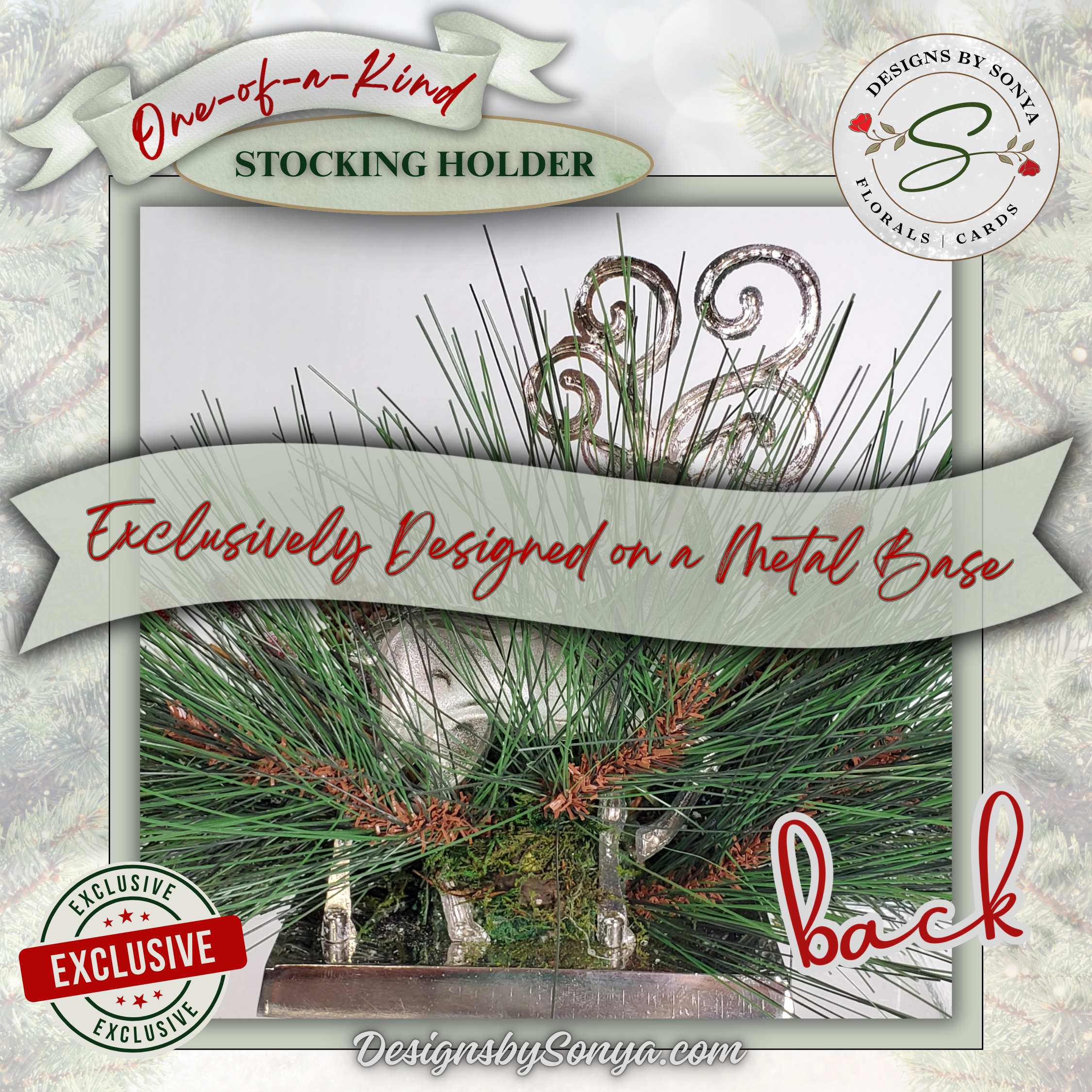 Back View Reindeer Stocking Holder Metal Base
Back view of reindeer stocking holder showing sturdy metal base construction. Exclusive design ensures durability and strength.