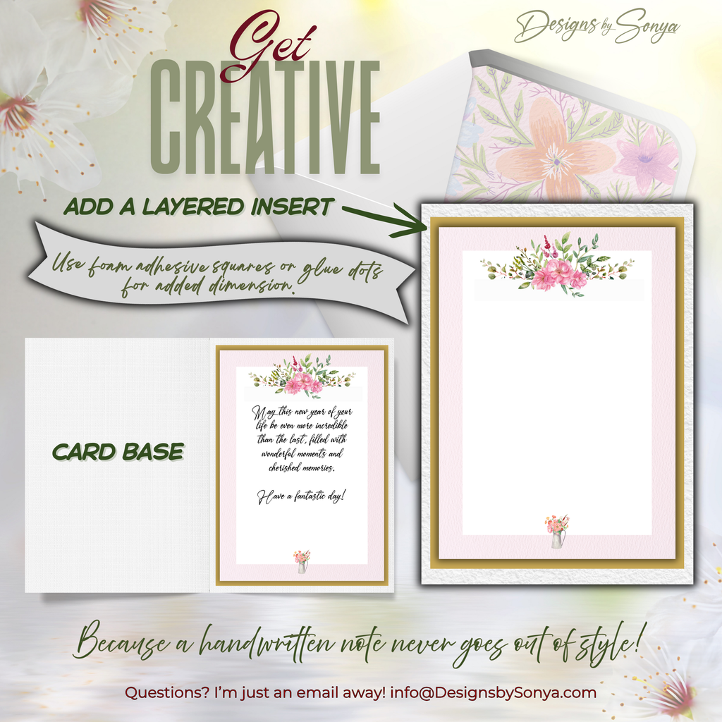 Get Creative: Layered Insert
Tip card showing how to use foam adhesive squares or glue dots to add dimension and a handmade look to the printable birthday card.