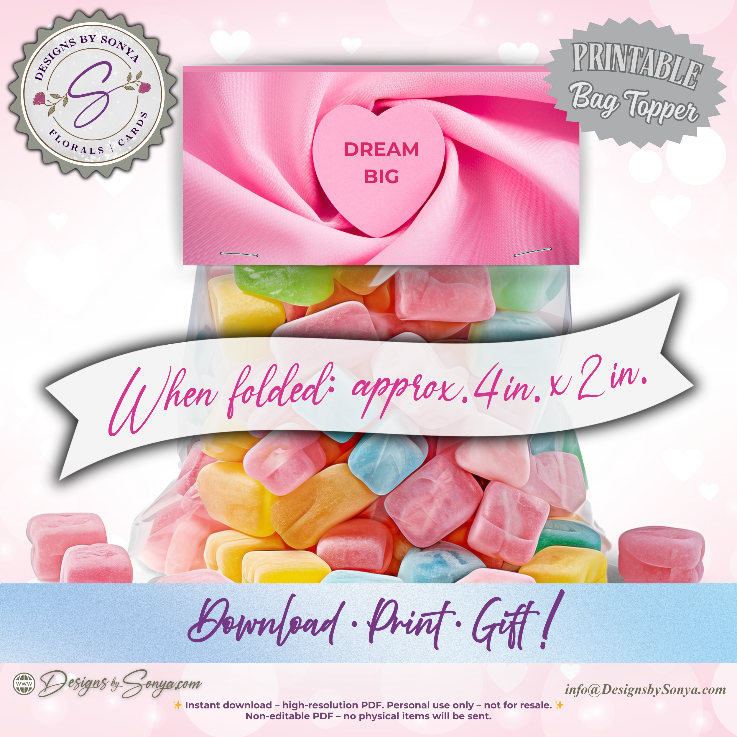 Valentine Treat Bag Toppers Printable – Set of 4 Candy Heart Designs – 4x2 Folded Labels for Classroom, Kids, Party Favors