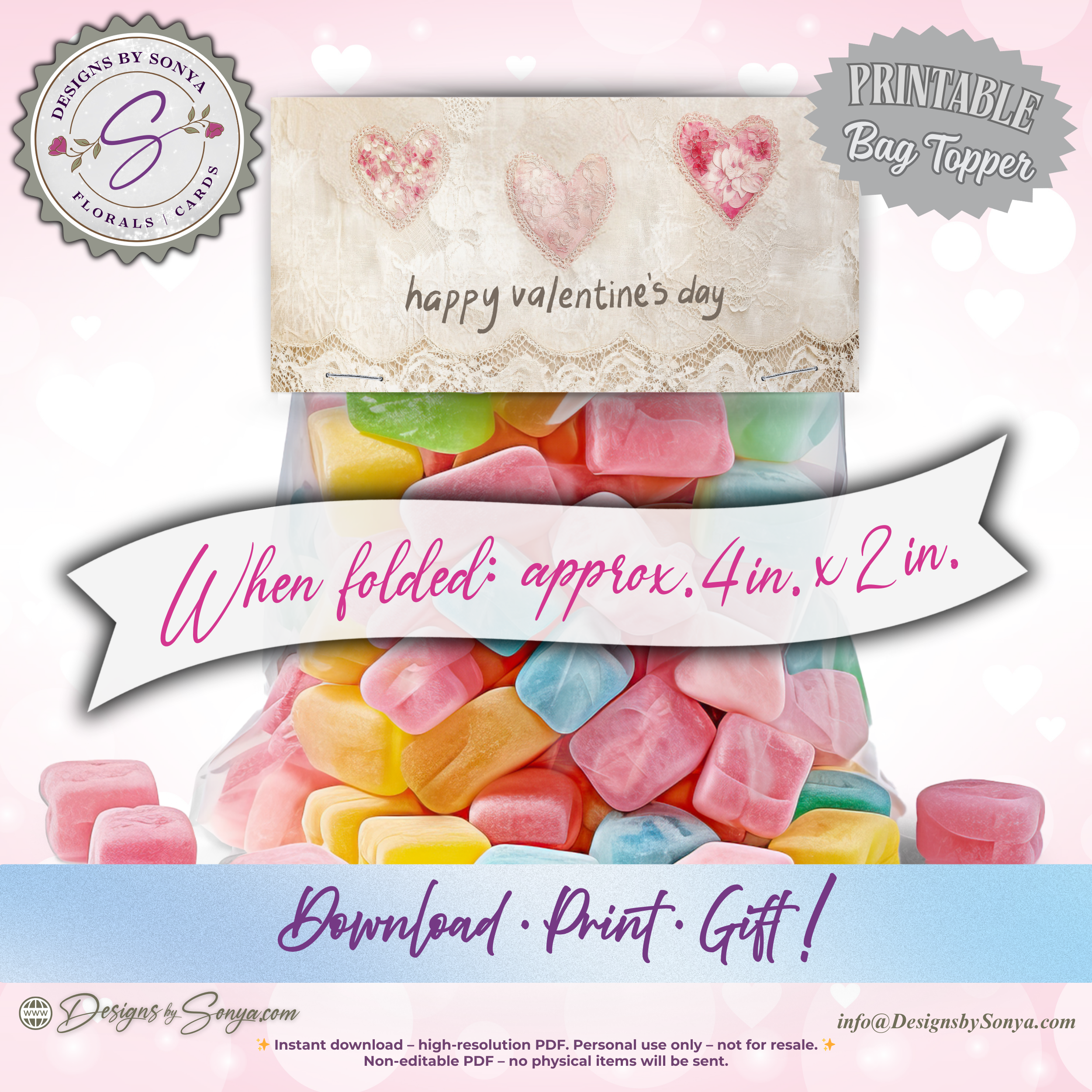 Vintage Hearts & Lace Printable Valentine Candy Treat Bag Topper – Classroom Party Favors, Teachers, Friends,  Neighbors – 4"x2" Folded
