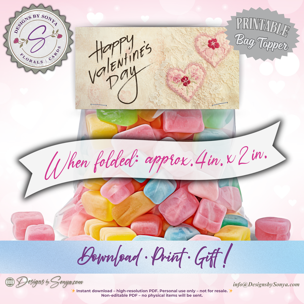 Vintage Valentine Printable Treat Bag Topper – Happy Valentine’s Day Candy Bag Topper for Classroom Treats, Teachers & Neighbors – 4"x2" Folded