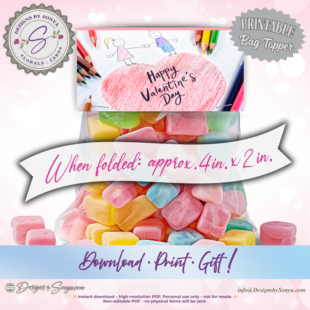 Kids Valentine Treat Bag Topper Printable – Crayon Heart Classroom Favor – 4x2" DIY Snack Bag Label for School Parties & Teachers Gift