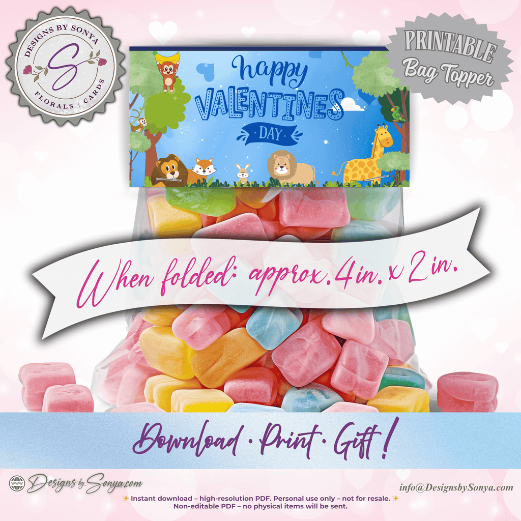Kids Valentine’s Day Treat Bag Toppers – Printable Classroom Party Favor Set of 4 – Cute Children’s Candy Bag Labels – 4"x2" Folded Topper PDF