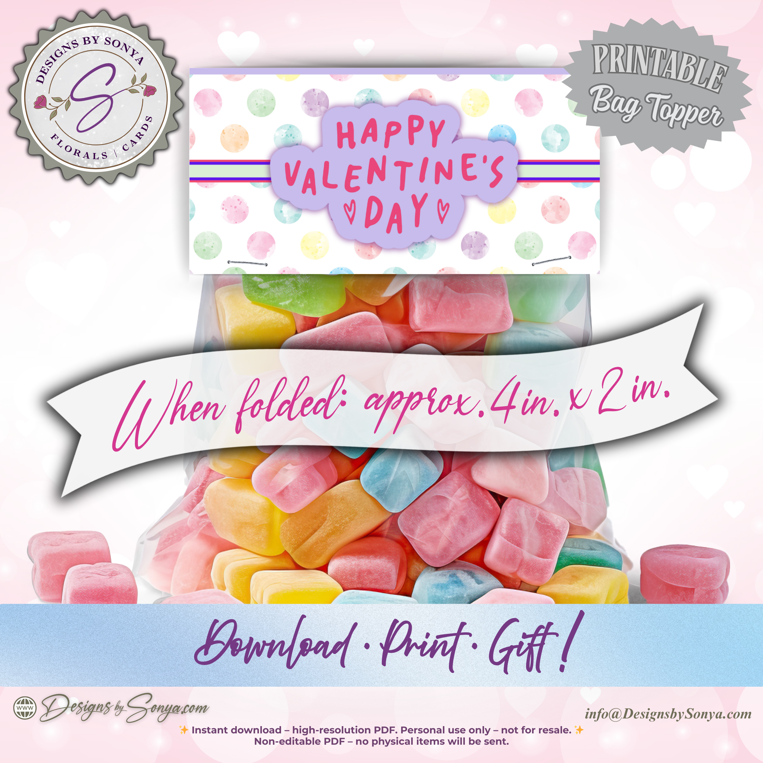 Printable Valentine’s Day Treat Bag Topper – Cute Pastel Heart Design – DIY Classroom Candy Bag Label for Kids, Teachers & Party Favors