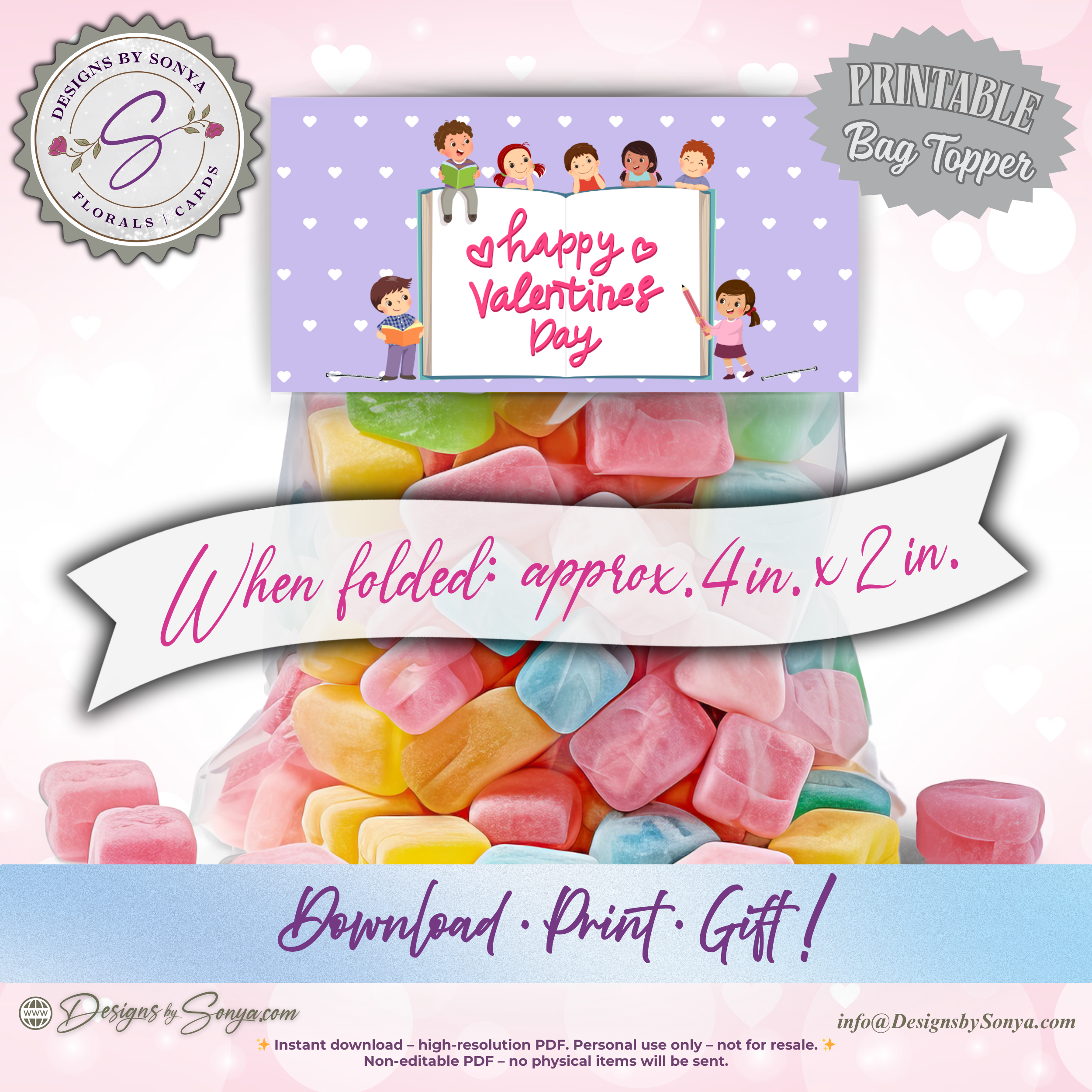 Kids Valentine Treat Bag Topper Printable – Cute Classroom Favor DIY Snack Bag Label – Easy Valentine Party Gift for Teachers & Students