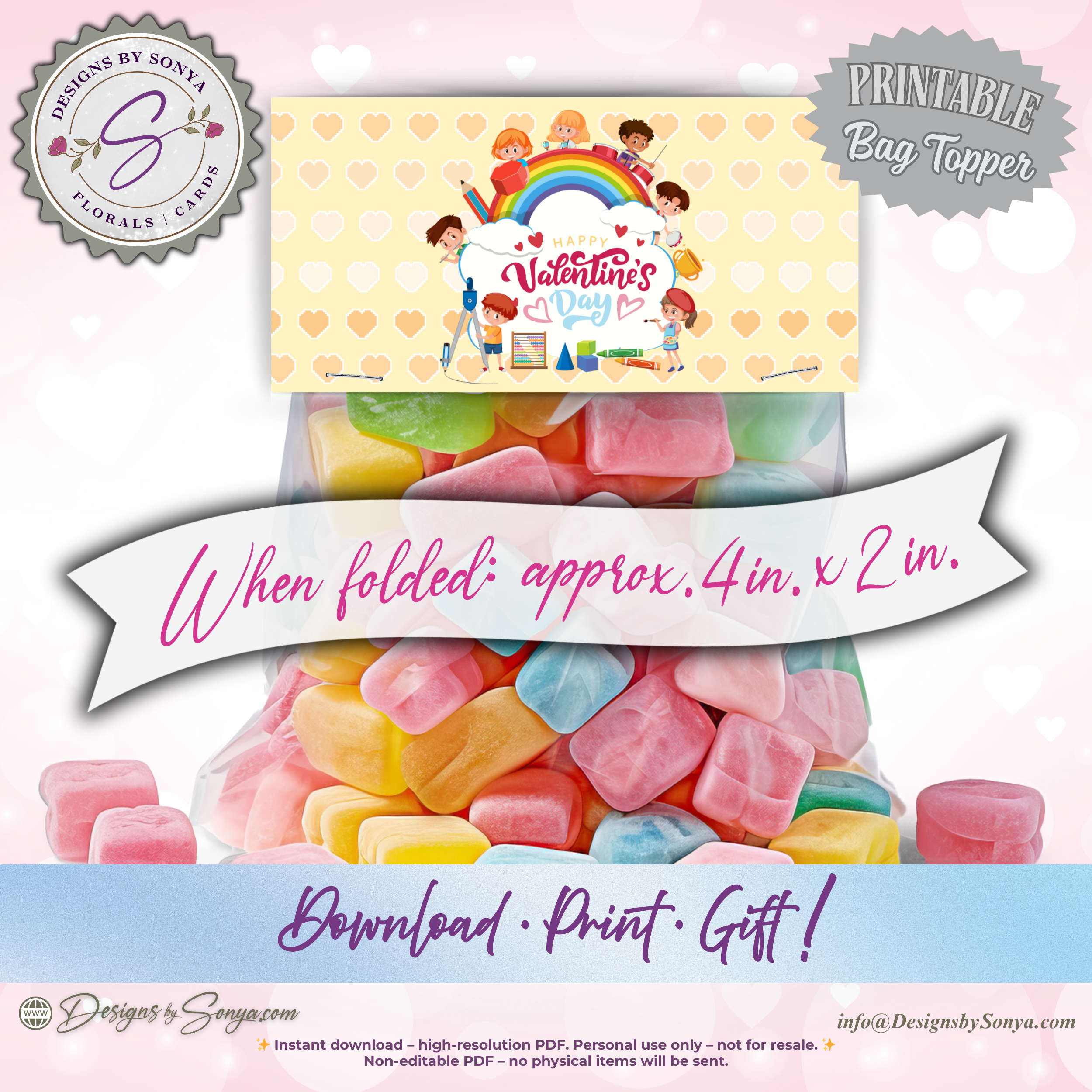 Printable Valentine’s Day Treat Bag Topper – Rainbow Kids Design – DIY Classroom Candy Bag Label for Teachers, Students & Party Favors