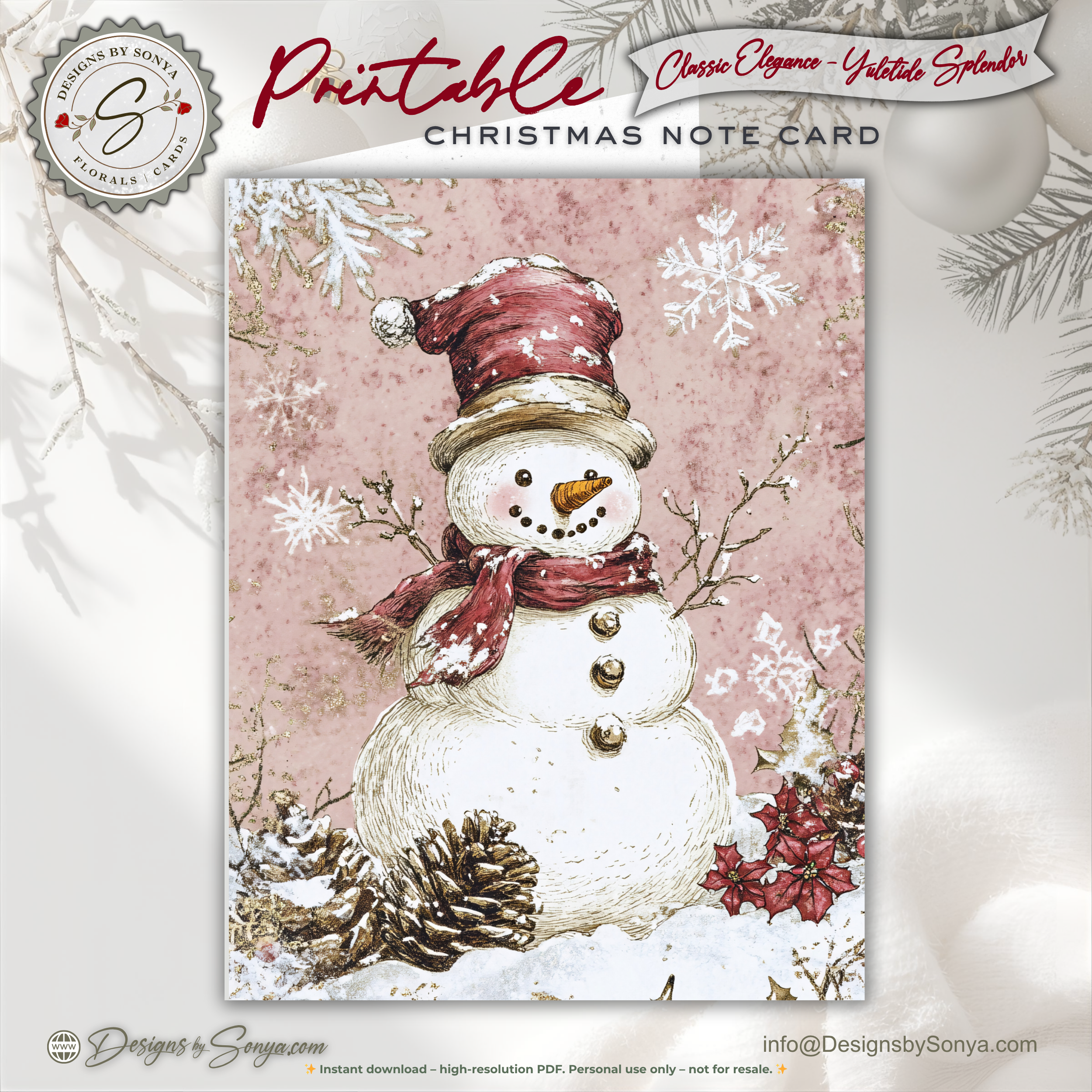 Vintage Snowman Christmas Printable Card • A2 (4.25" x 5.5") Folded Holiday Greeting Note Card • Winter Snowflake Art • Christmas Stationery