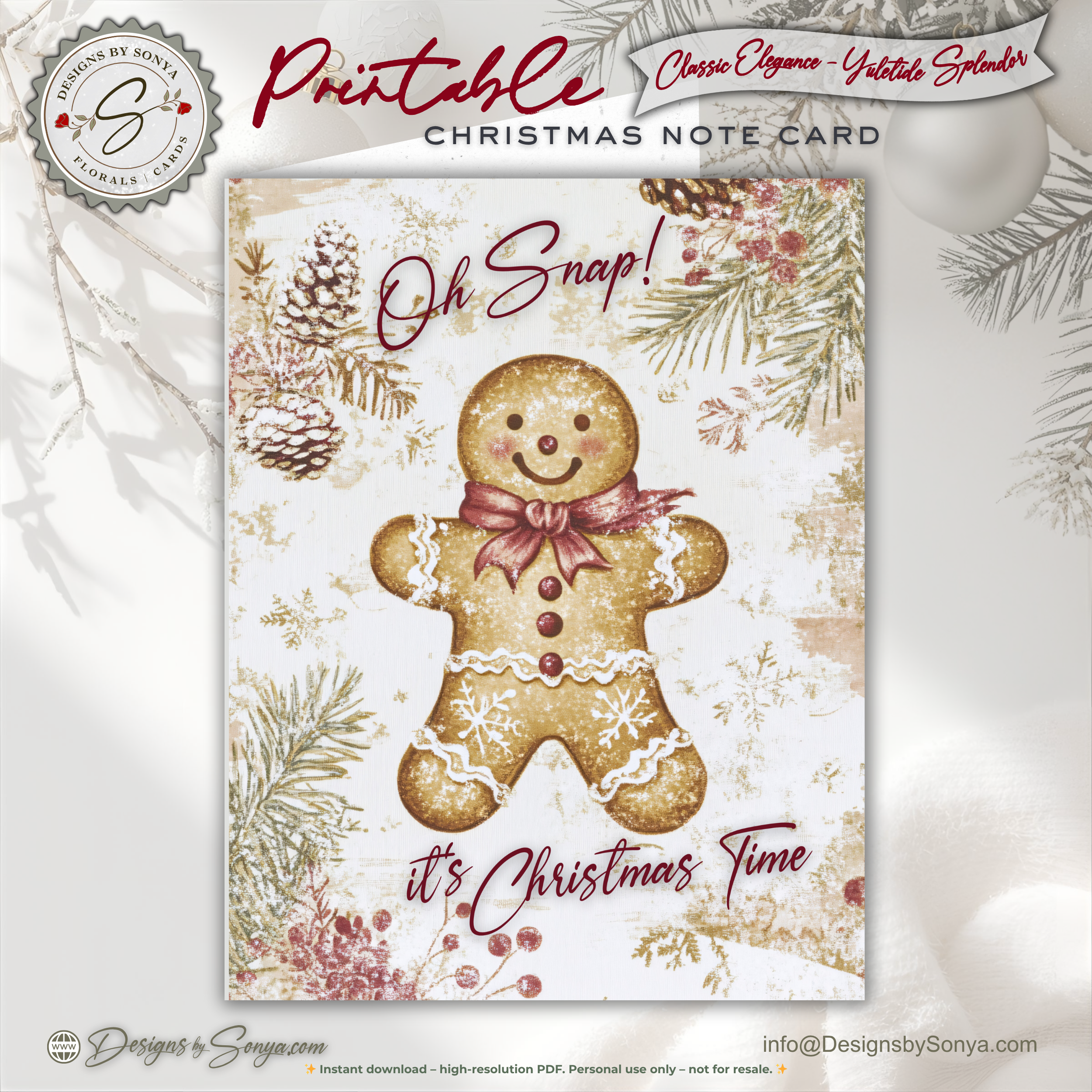 Gingerbread Christmas Printable Card • A2 (4.25" x 5.5") Folded Holiday Greeting Note Card • Oh Snap Design • Christmas Stationery