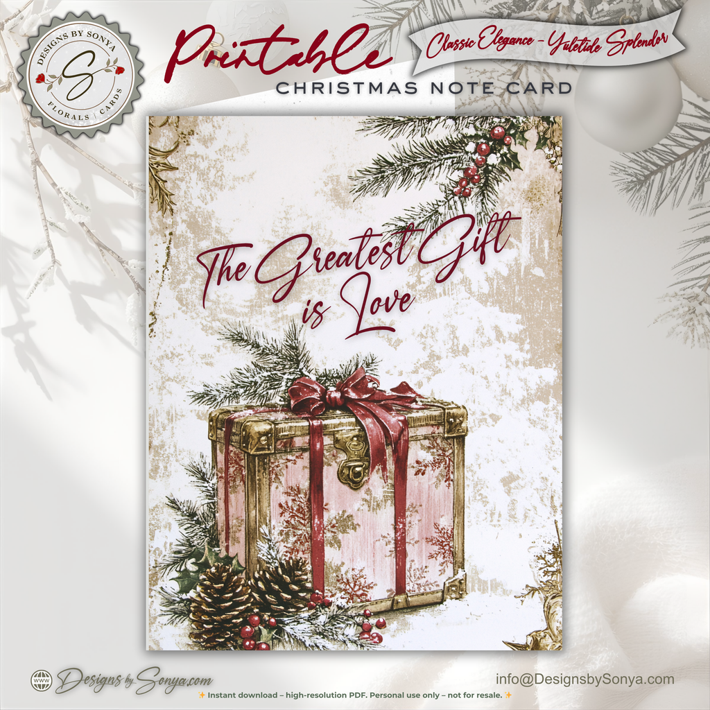 The "Greatest Gift Is Love" Card | Vintage Christmas Printable | Elegant Holiday Note Card | A2 (4.25x5.5) Folded Card | Digital Download