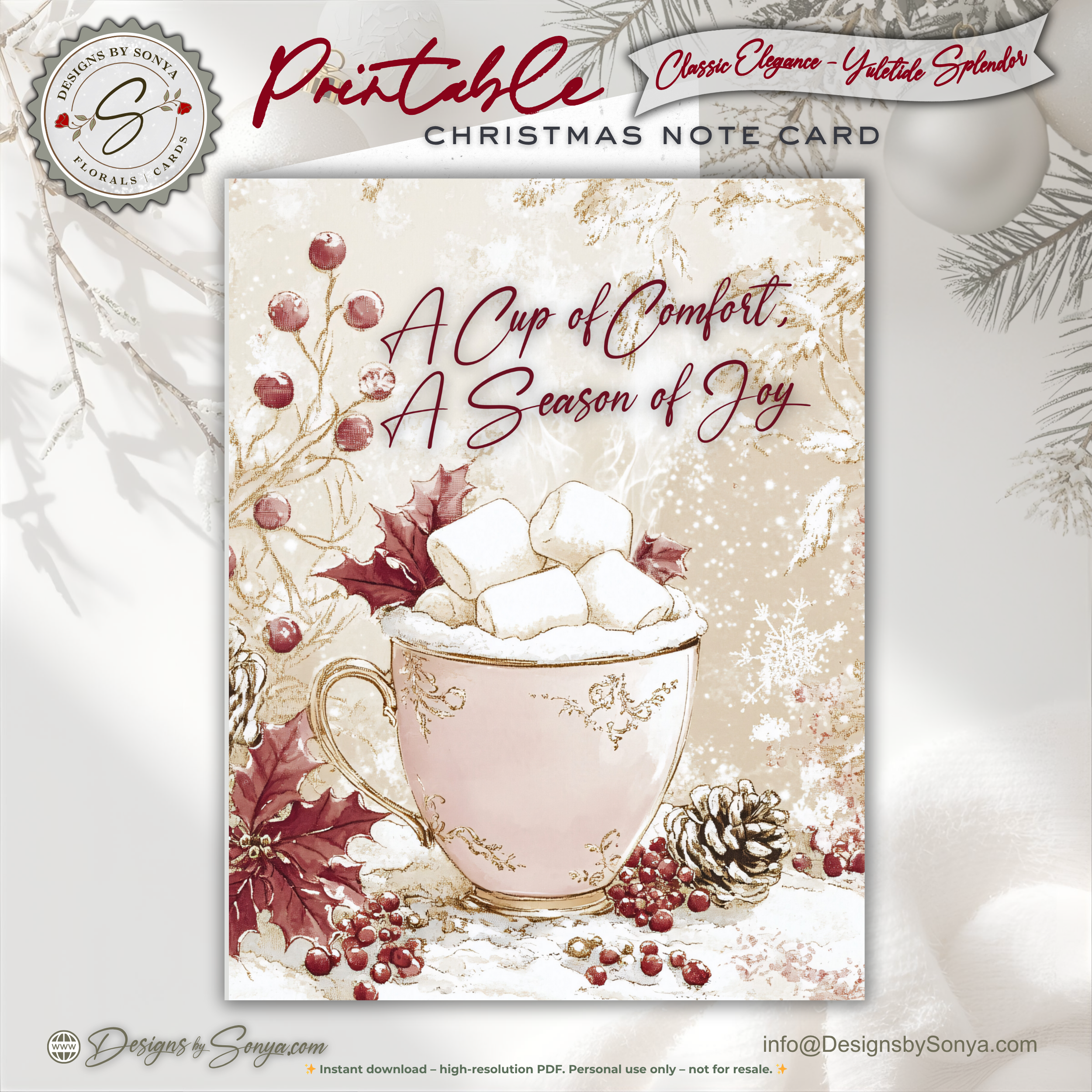 Vintage Hot Cocoa Christmas Printable Card • A2 (4.25" x 5.5") Folded Holiday Greeting Note Card • Winter Mug Art • Christmas Stationery