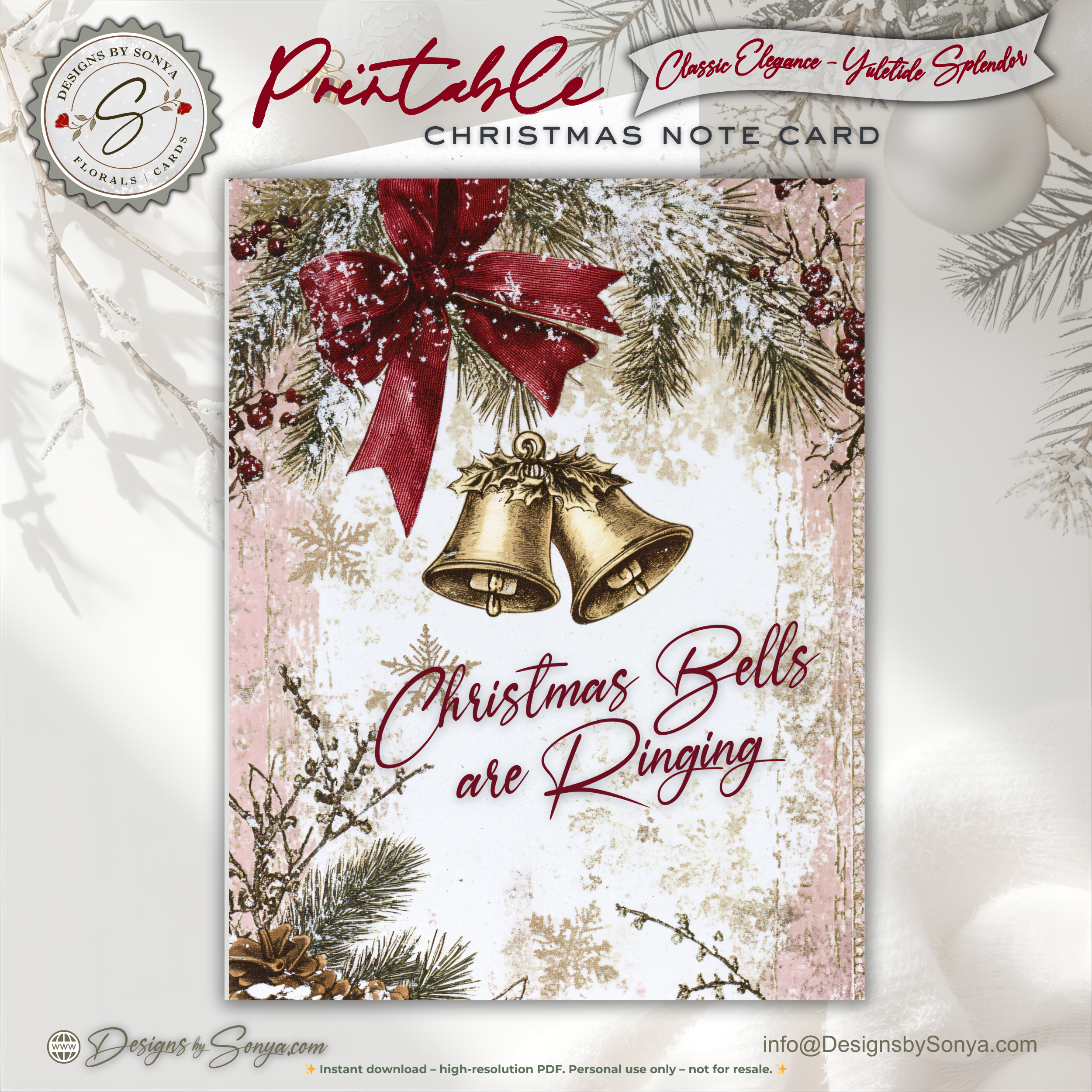 Christmas Bells Printable Card • A2 (4.25" x 5.5") Folded Holiday Greeting Note Card • Festive Bell Art • Winter Pine & Bow • Christmas Stationery