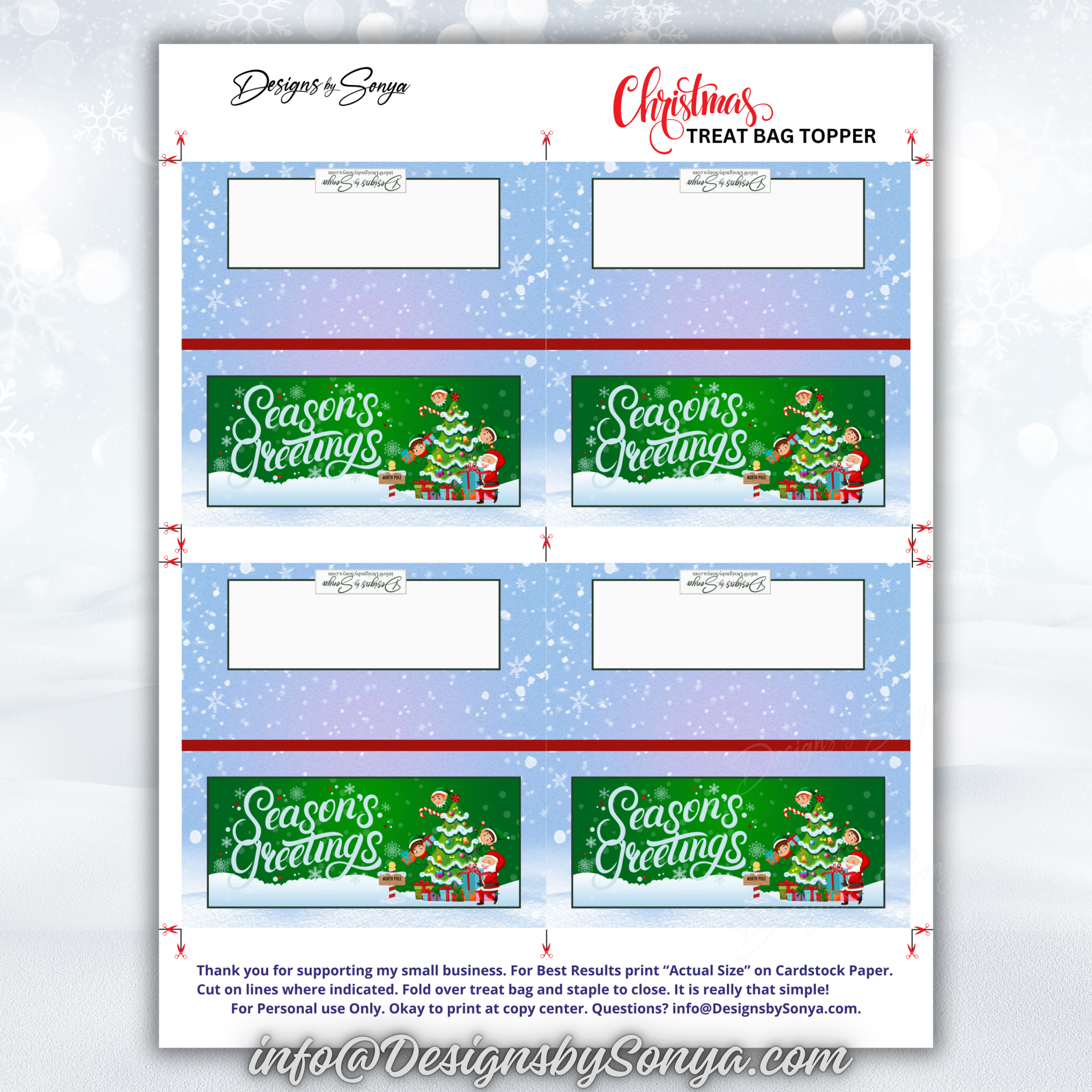 Full Sheet Layout
Printable sheet layout displaying four Christmas treat bag toppers per 8.5x11 page, ready to cut, fold, and staple over holiday treat bags.