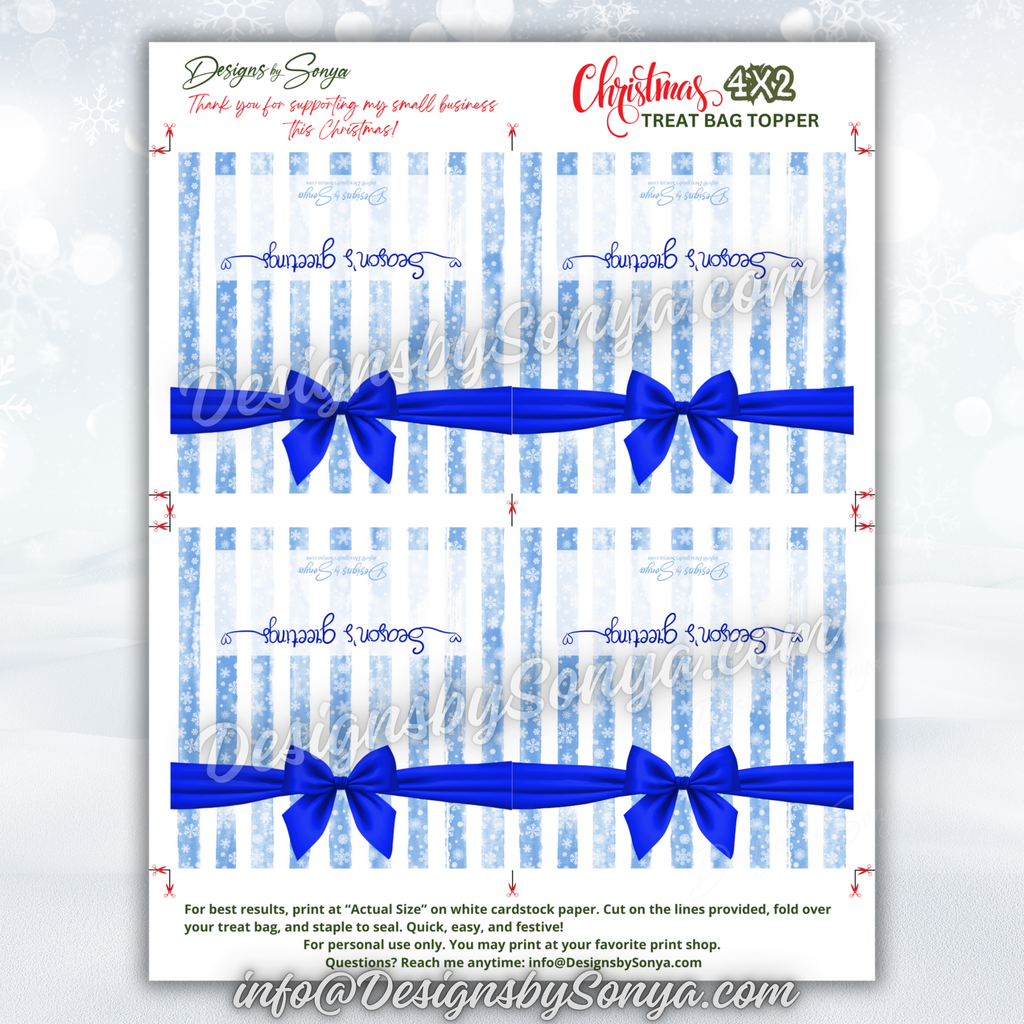 Full Sheet Layout
Complete 8.5x11 sheet with four blue snowflake bow toppers; includes trim and fold guides; prints best at Actual Size on white cardstock.