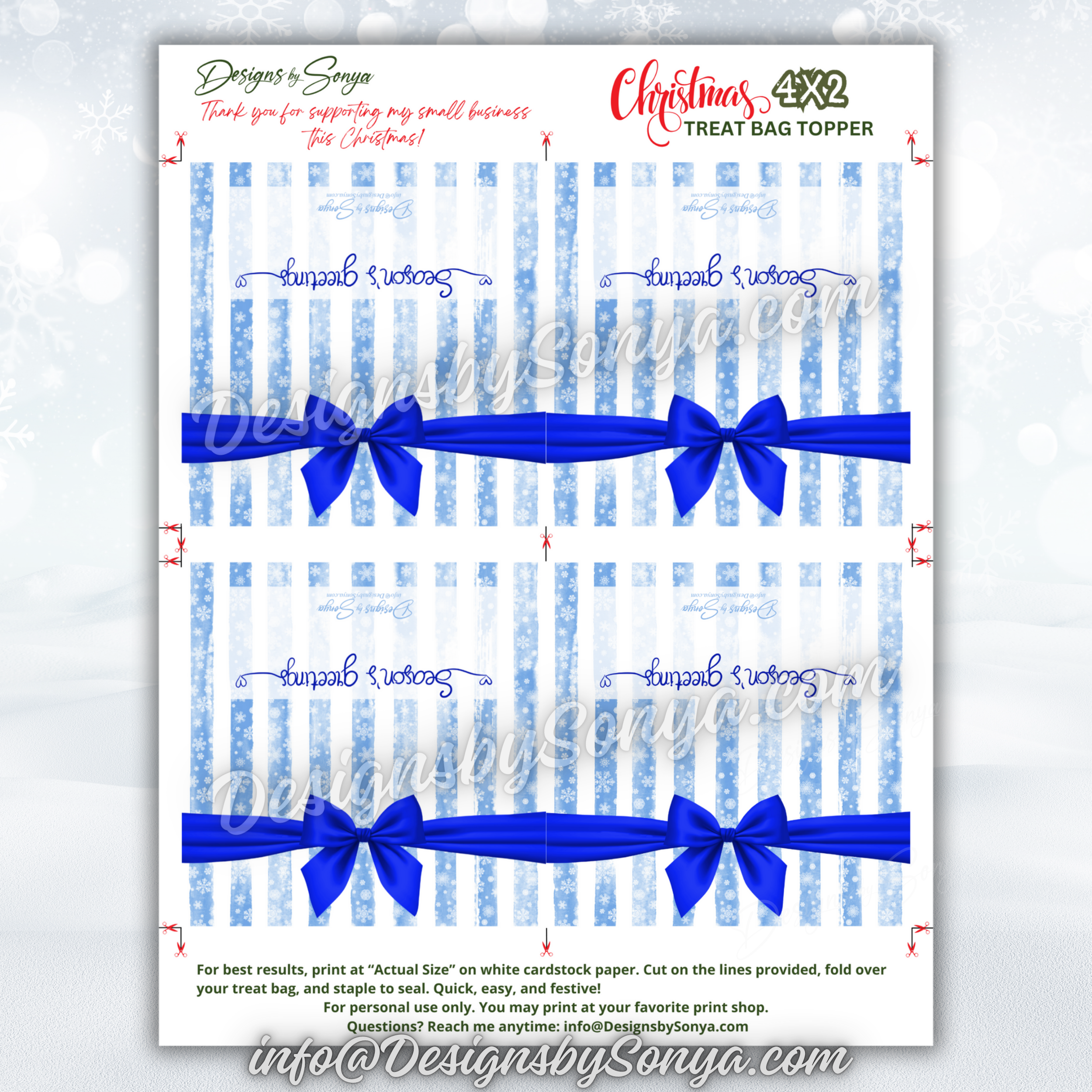 Full Sheet Layout
Complete 8.5x11 sheet with four blue snowflake bow toppers; includes trim and fold guides; prints best at Actual Size on white cardstock.