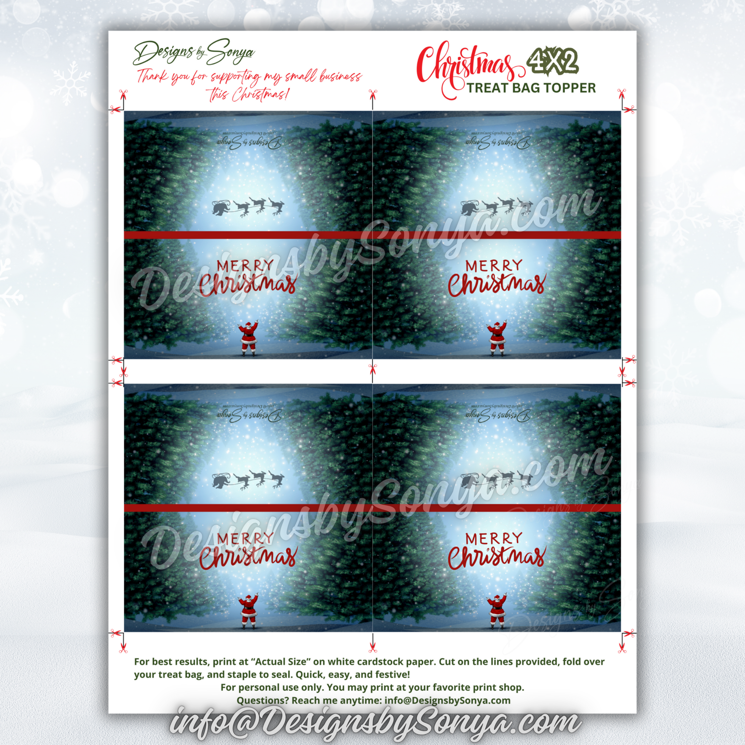 Christmas Bag Topper Full Sheet Layout
Full sheet PDF example with four 4x2 inch toppers per page. Includes cutting guides, fold lines, and usage instructions for easy holiday DIY gifts.