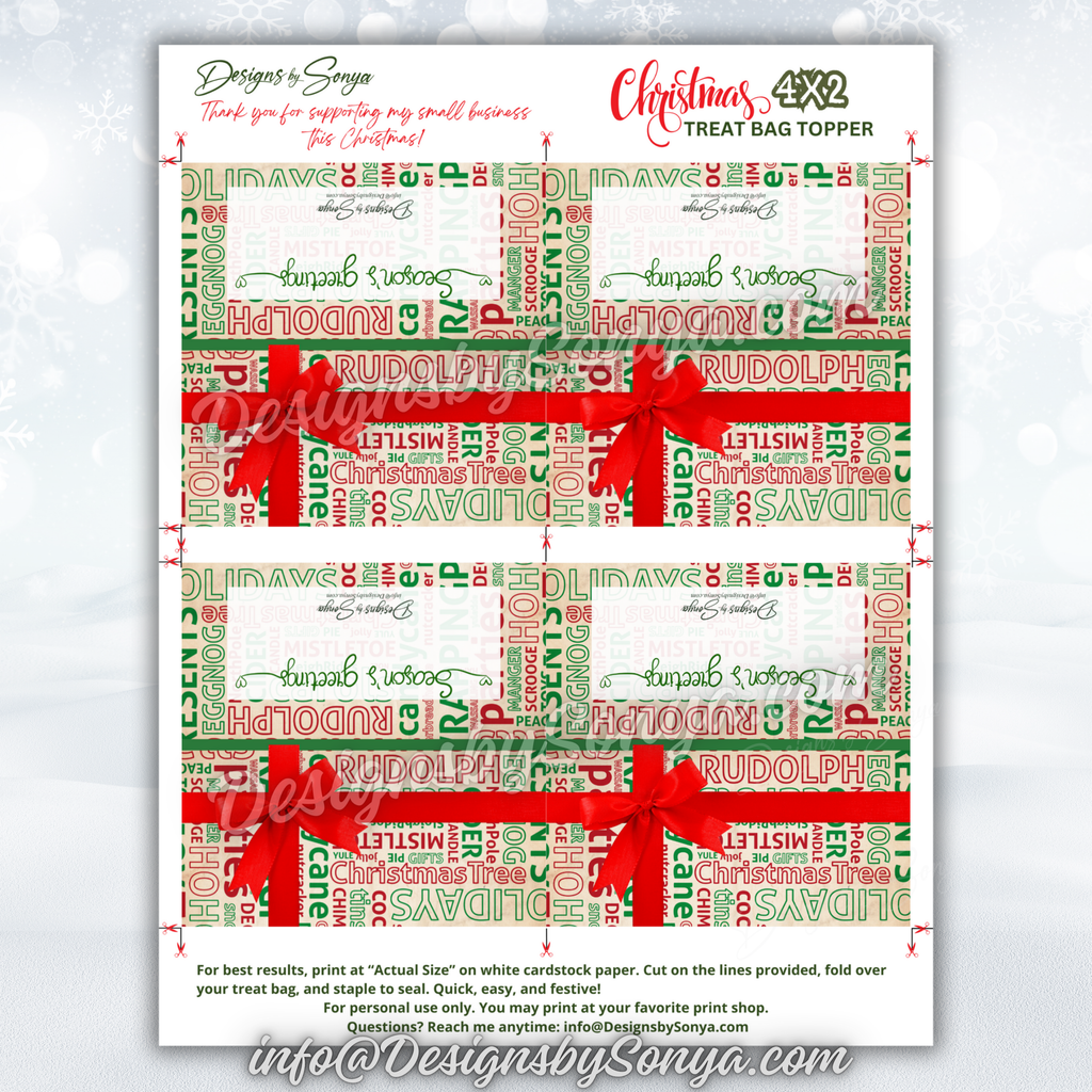 Full Sheet Layout
Four Season’s Greetings toppers laid out on a standard 8.5x11” page, clear cutting guides shown, designed for easy home printing.