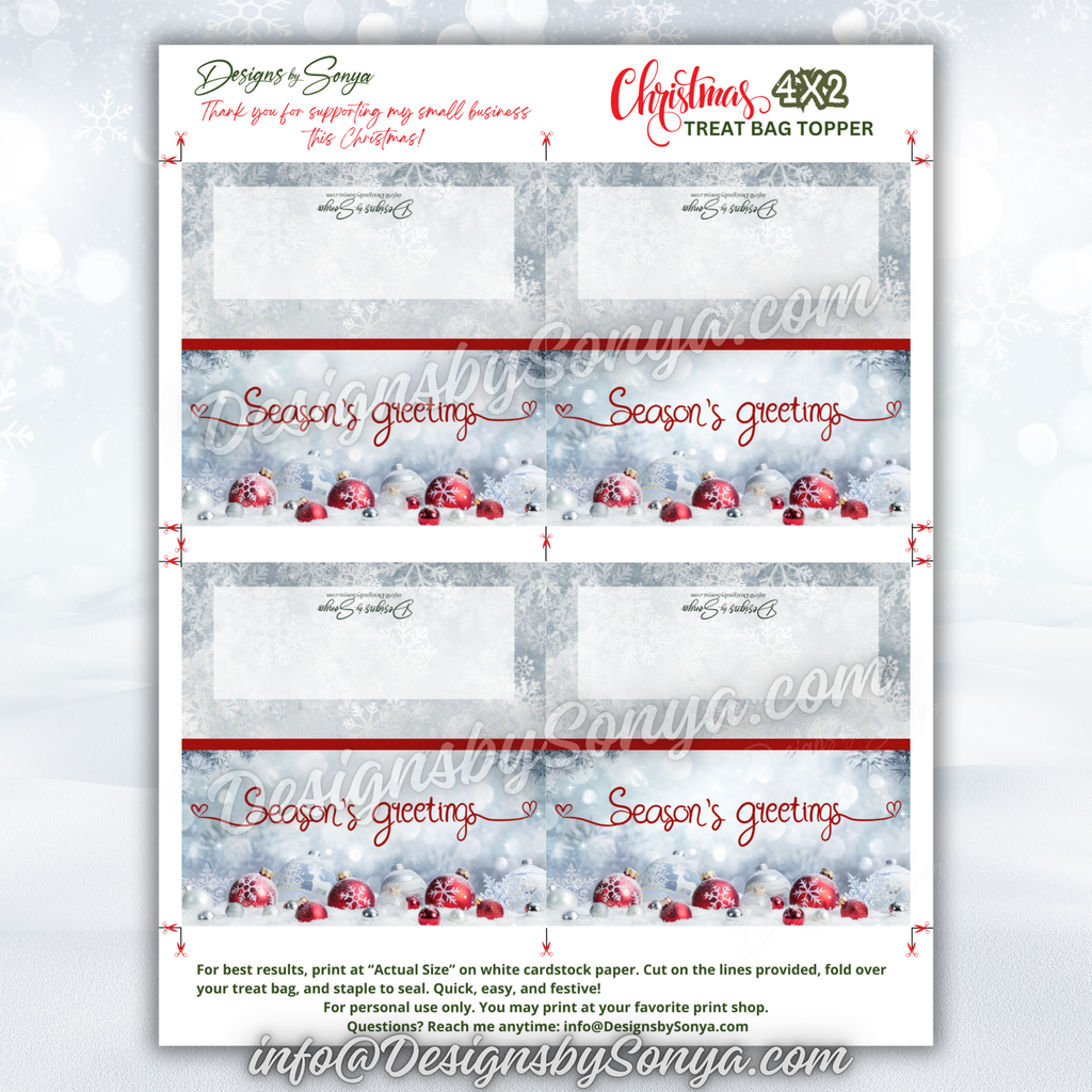 Full Sheet Layout
Flat preview of PDF/JPG sheet with four Season’s Greetings toppers; includes trim lines and placement guide for quick assembly.