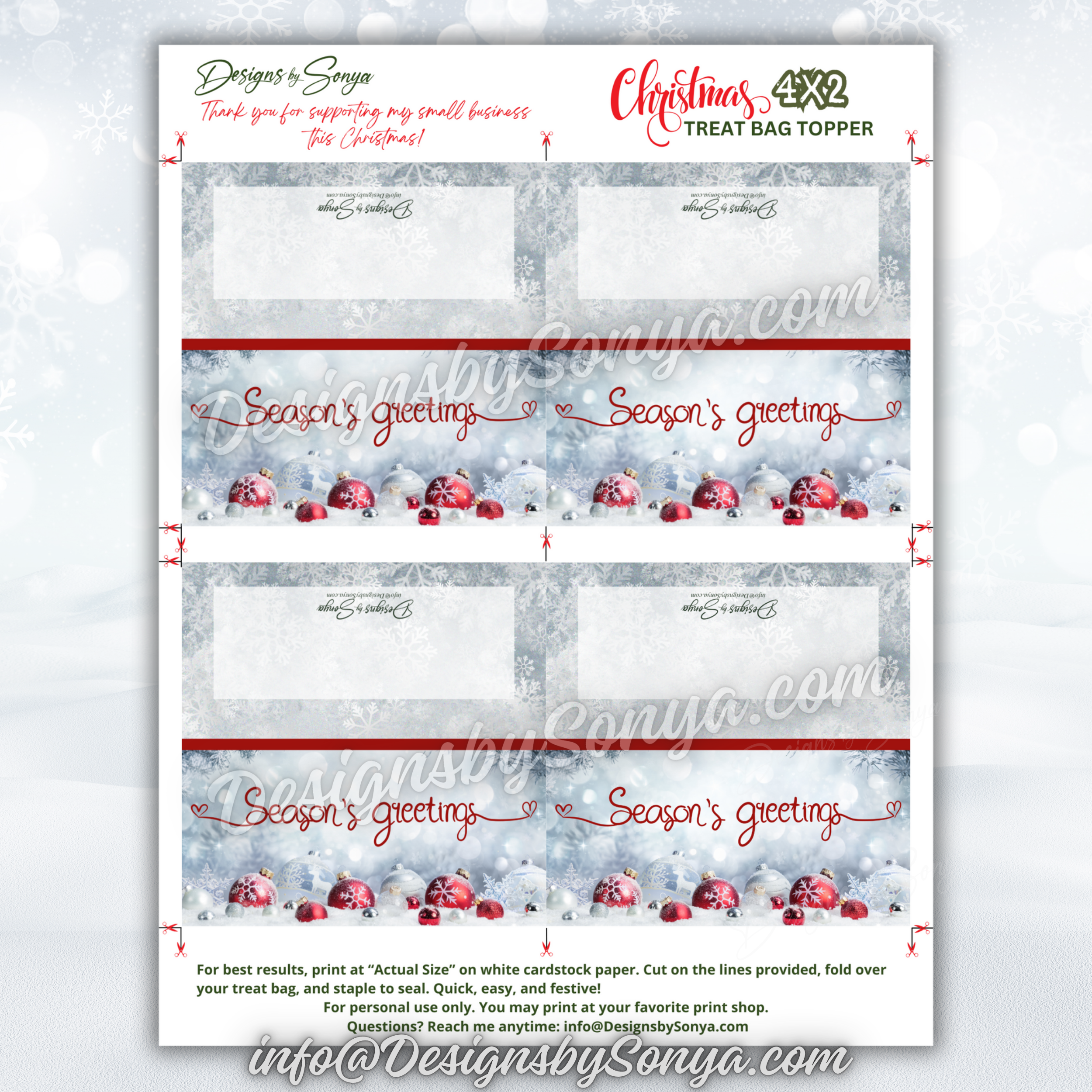 Full Sheet Layout
Flat preview of PDF/JPG sheet with four Season’s Greetings toppers; includes trim lines and placement guide for quick assembly.