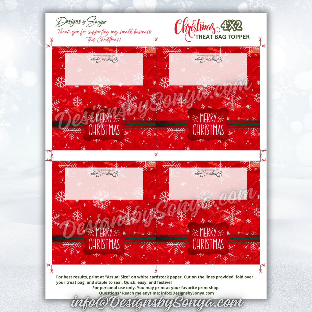 Full Sheet Layout with Guides
Complete 8.5x11 page showing four red snowflake toppers with trim and fold marks; best when printed “Actual Size” on white cardstock; personal use digital file.
