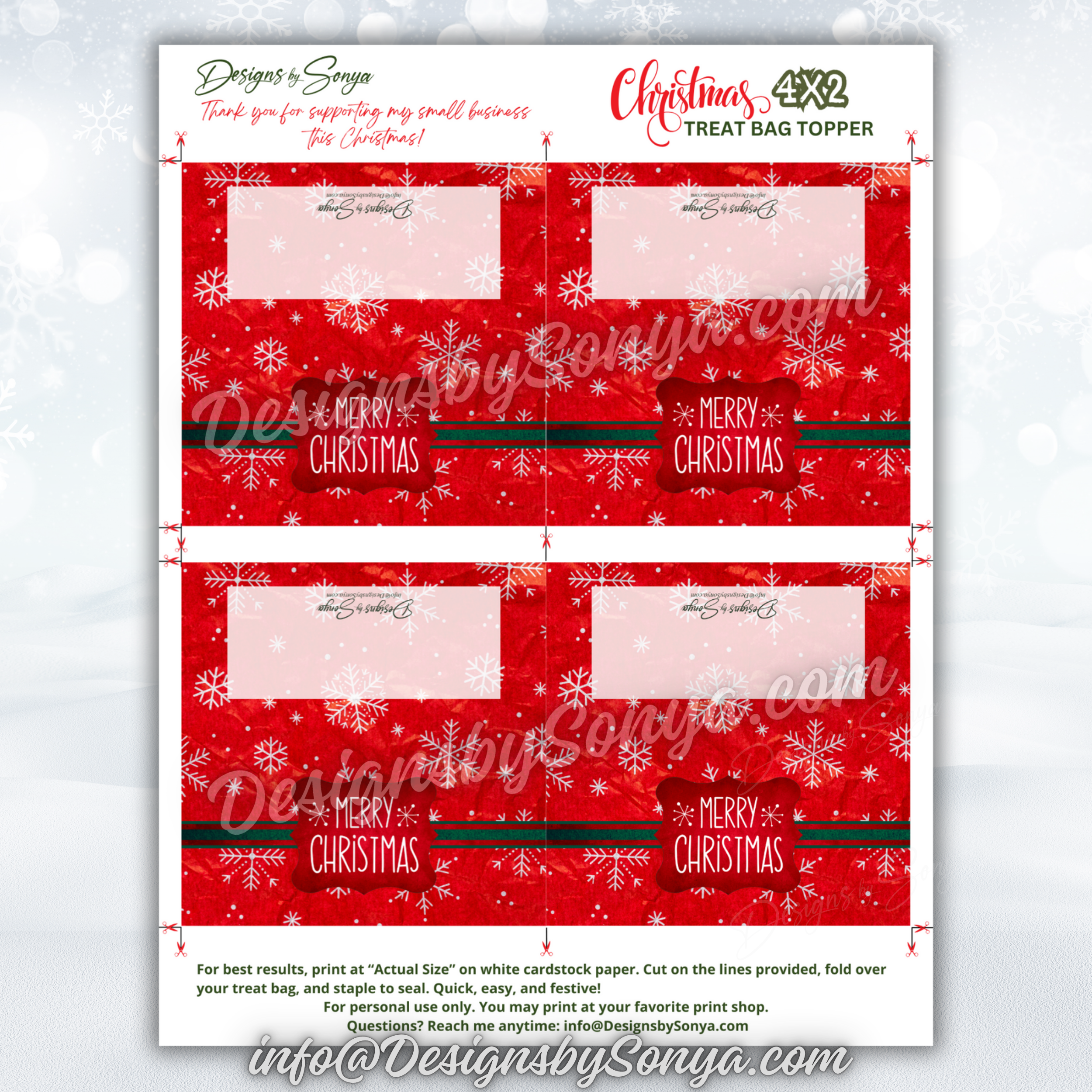 Full Sheet Layout with Guides
Complete 8.5x11 page showing four red snowflake toppers with trim and fold marks; best when printed “Actual Size” on white cardstock; personal use digital file.