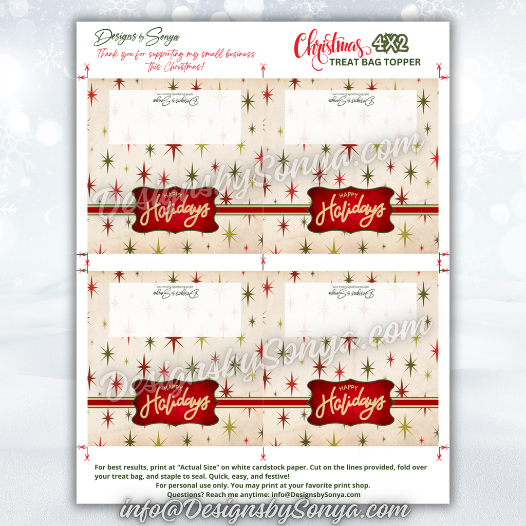 Full Sheet Layout with Guides
Complete sheet with four cream starburst “Happy Holidays” toppers; includes trim and fold marks; best results printing “Actual Size” on white cardstock.