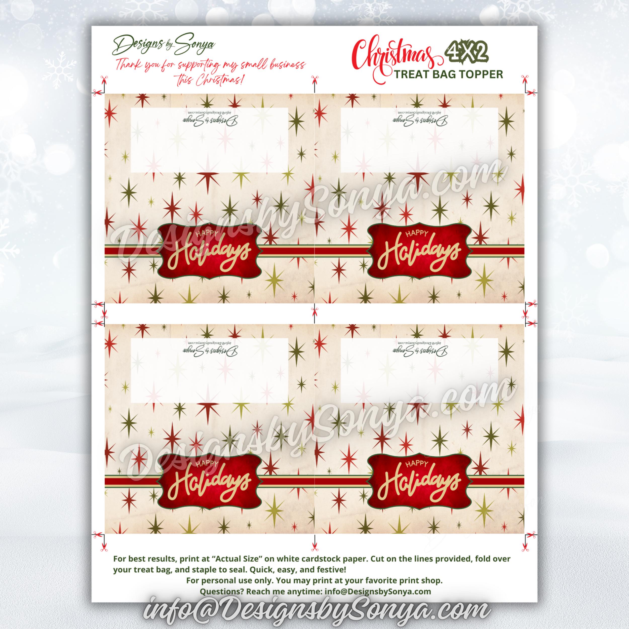 Full Sheet Layout with Guides
Complete sheet with four cream starburst “Happy Holidays” toppers; includes trim and fold marks; best results printing “Actual Size” on white cardstock.