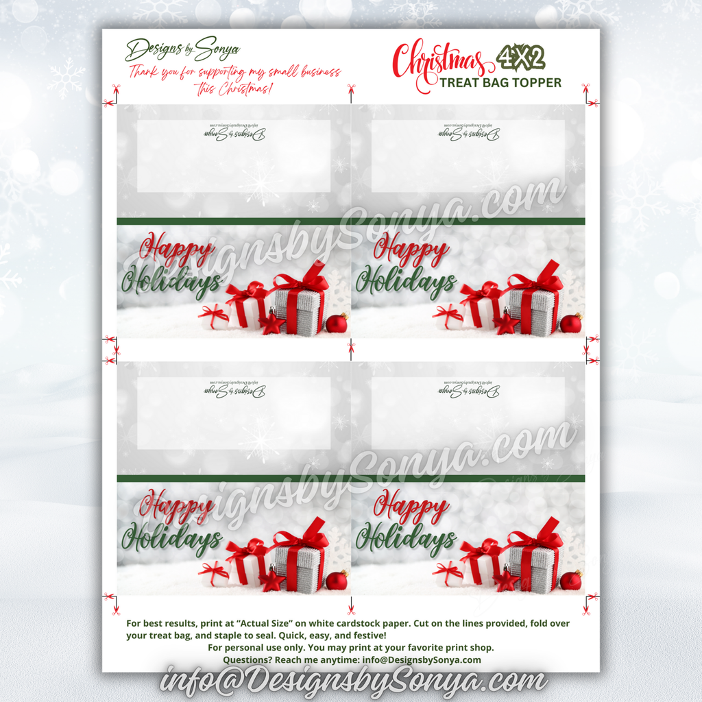 Full Sheet Layout
Flat preview of PDF/JPG sheet showing four toppers with red bow gift box and “Happy Holidays” greeting; ready to print, cut, and fold.