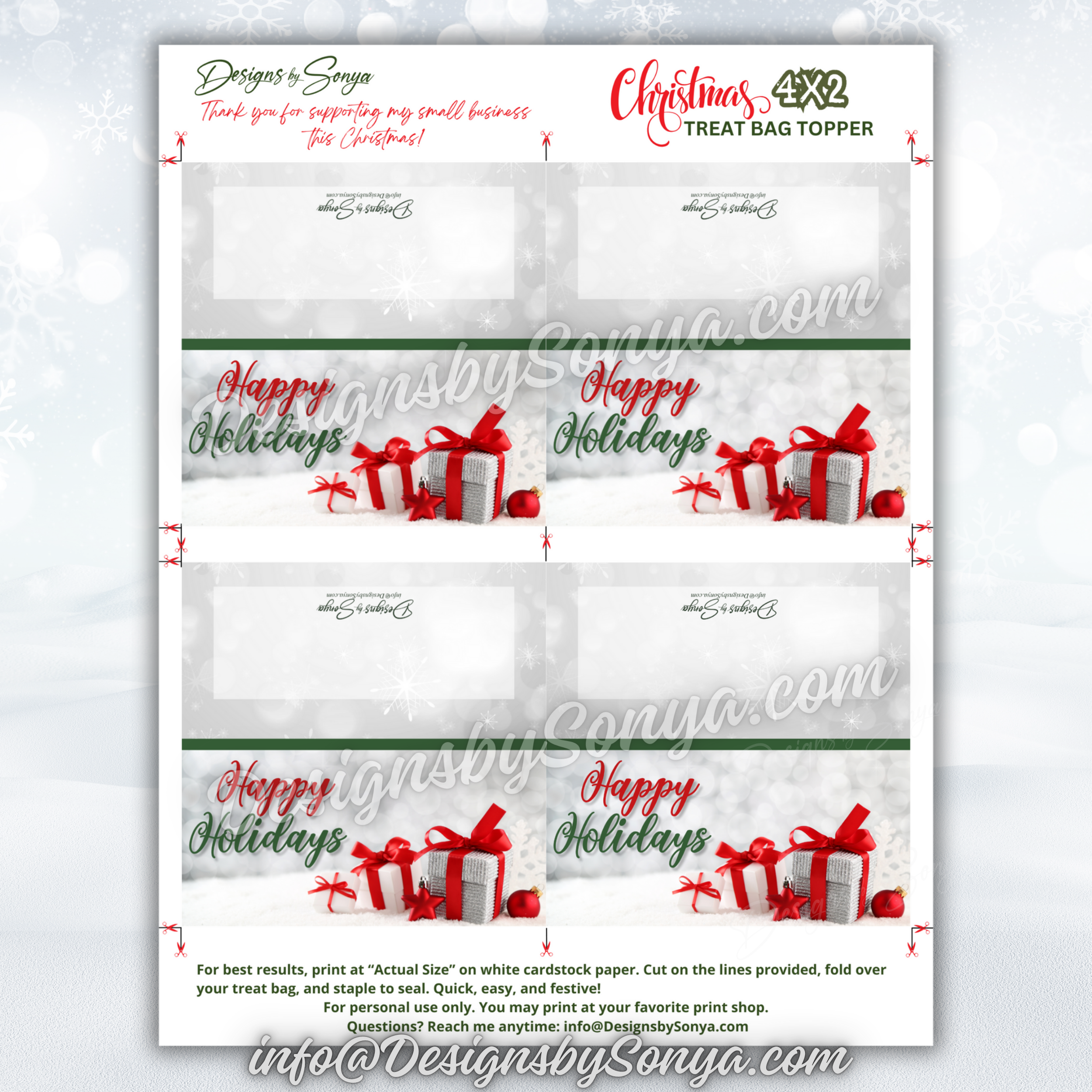 Full Sheet Layout
Flat preview of PDF/JPG sheet showing four toppers with red bow gift box and “Happy Holidays” greeting; ready to print, cut, and fold.