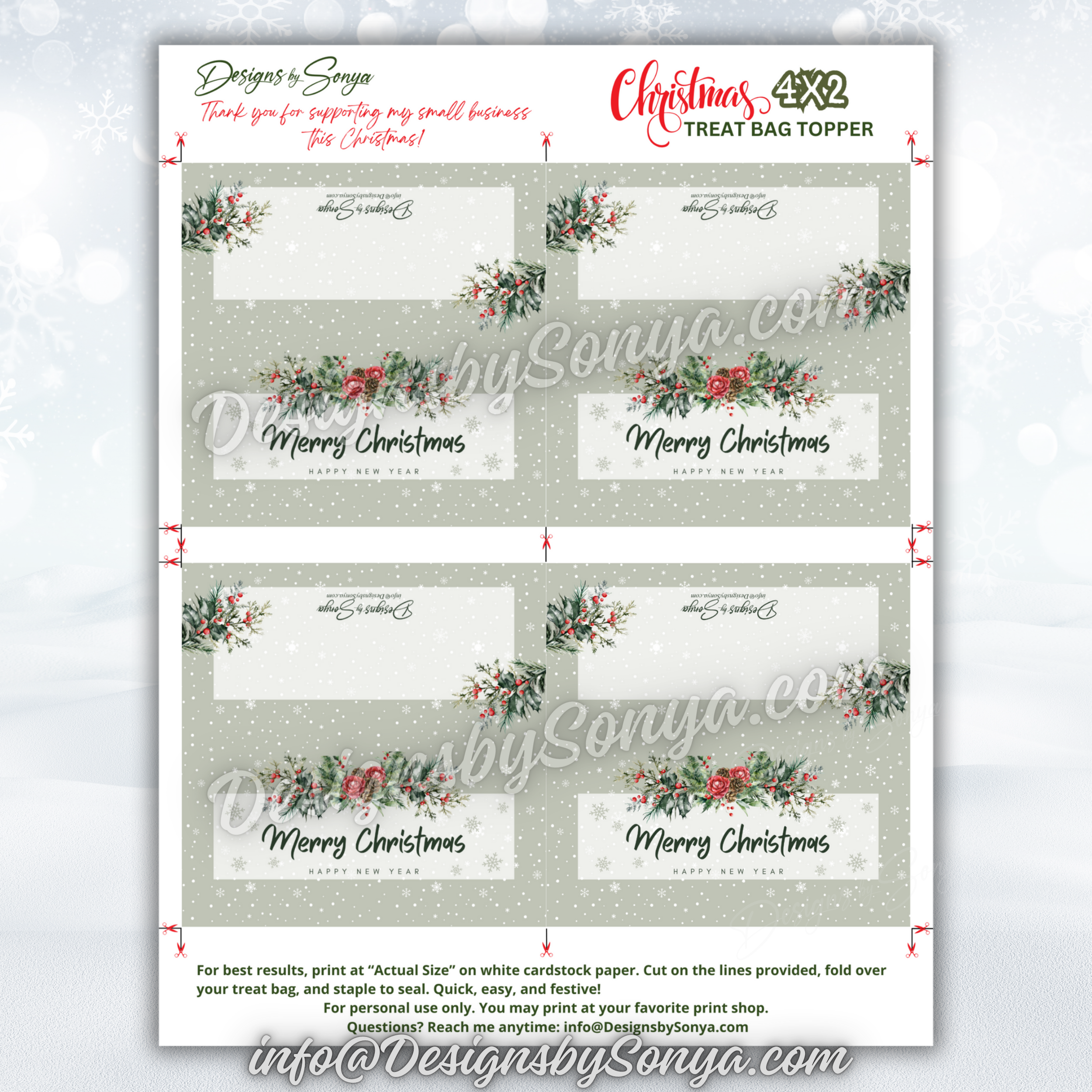 Full Sheet Layout
Flat PDF/JPG sheet preview with four toppers; gray background, rustic floral greenery, Merry Christmas message; ready for print-and-cut.