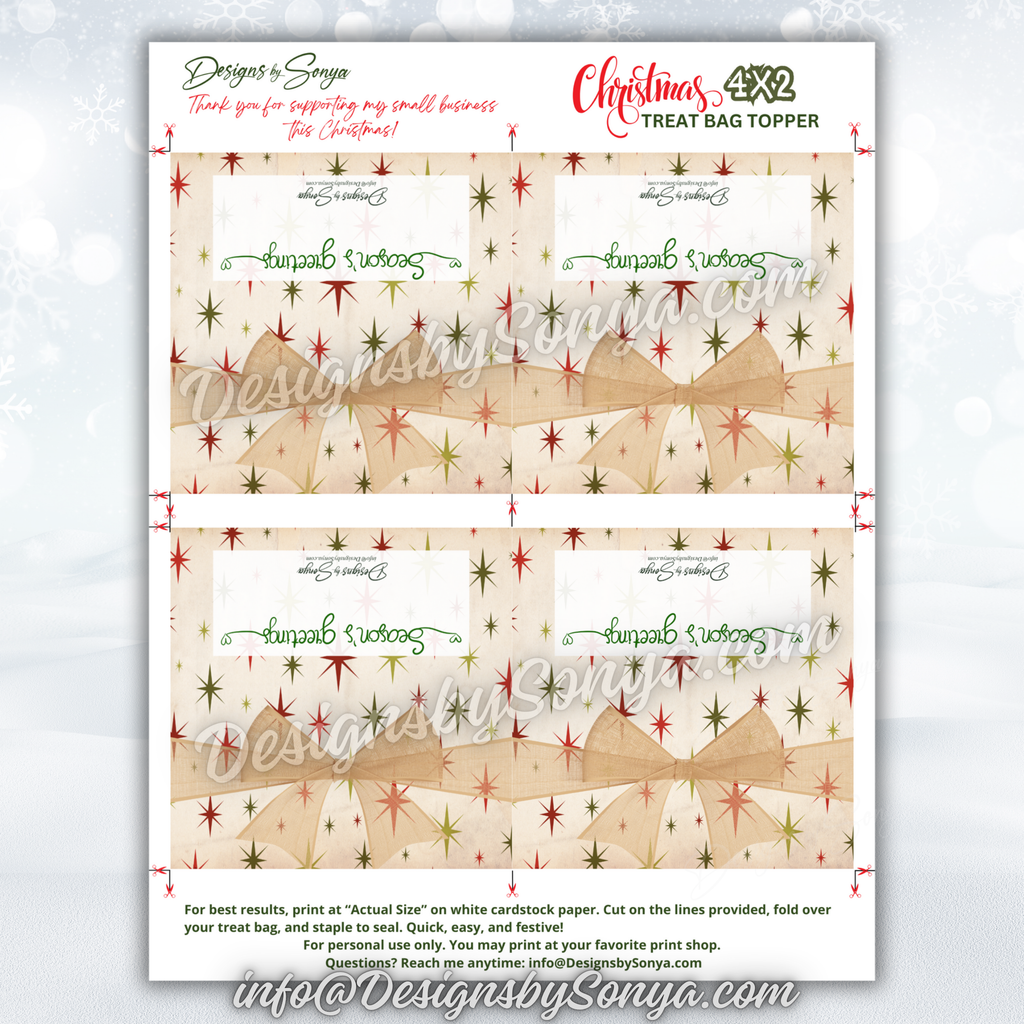 Full Sheet Christmas Topper Layout
Digital download showing 8.5” x 11” layout with four 4x2 toppers, featuring vintage star background and bow design, ready to print and assemble at home or a print shop.
