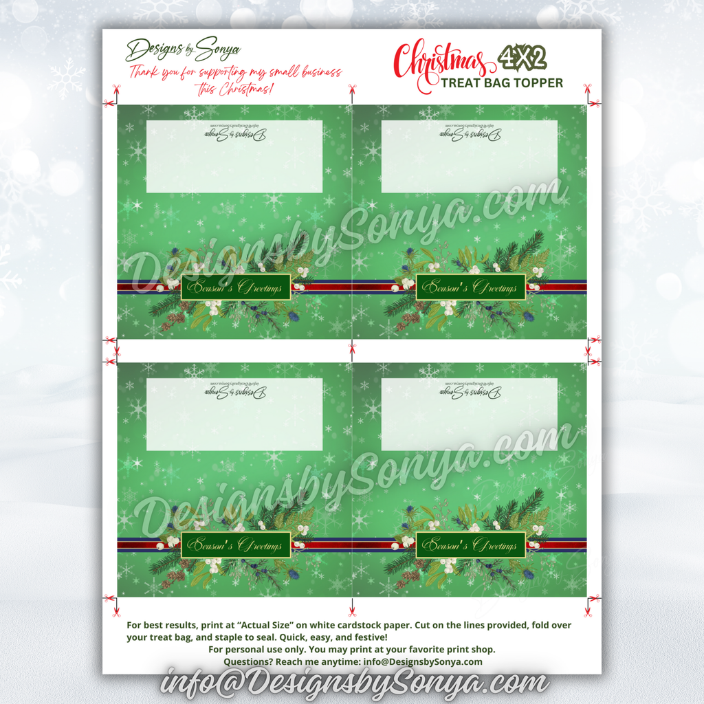 Full Sheet Layout with Guides
Complete 8.5x11 page showing four green Season’s Greetings toppers with trim and fold marks; best results when printed Actual Size on white cardstock.