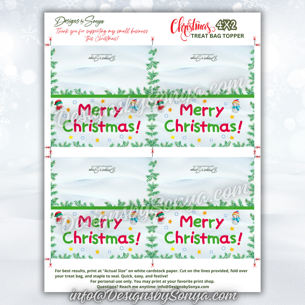 Full Sheet Layout
Entire 8.5x11 sheet with four Merry Christmas toppers plus trim lines and a note to print actual size on white cardstock; shows coordinated back art and helpful instructions at the bottom.