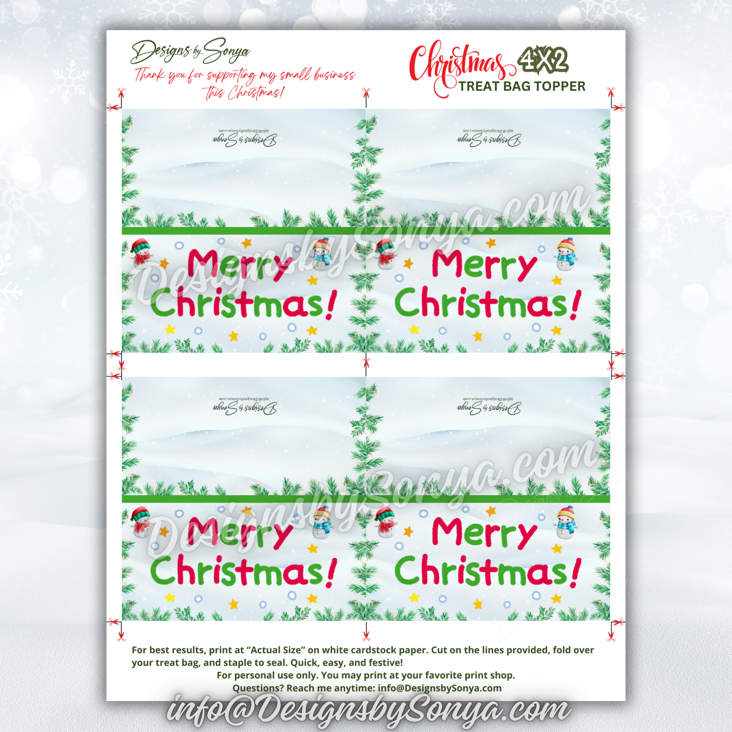 Full Sheet Layout
Entire 8.5x11 sheet with four Merry Christmas toppers plus trim lines and a note to print actual size on white cardstock; shows coordinated back art and helpful instructions at the bottom.