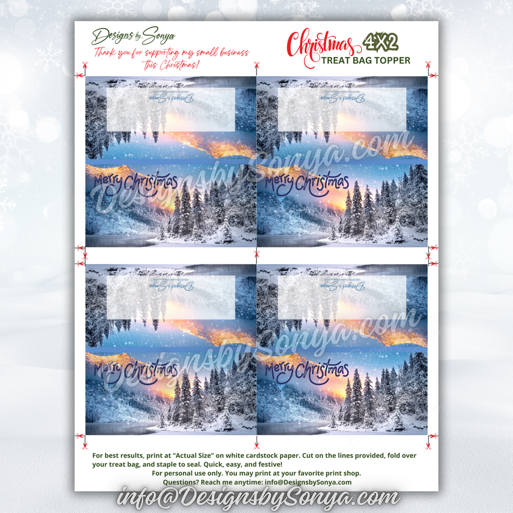 Full Sheet Layout
Flat preview of PDF/JPG sheet with 4 toppers; snowy forest and mountain design ready to print.