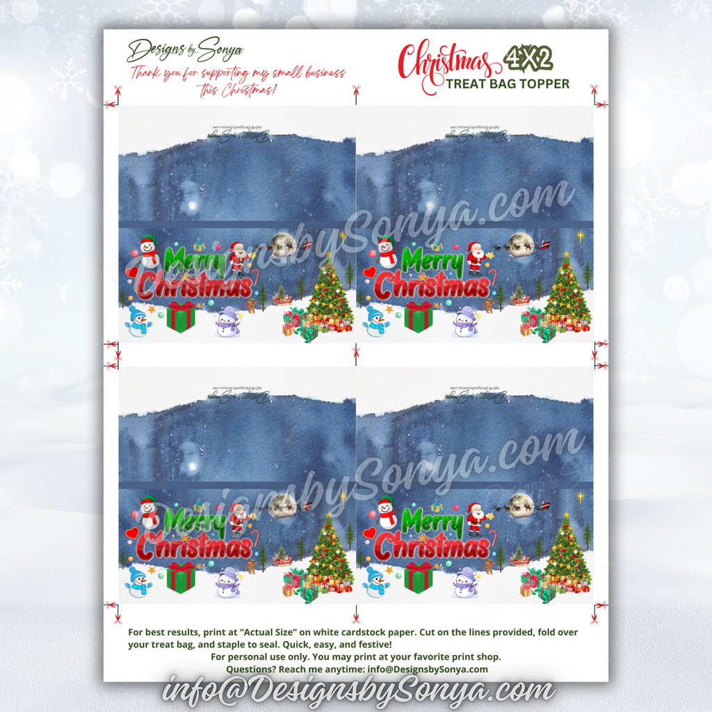 Full Sheet Layout
Entire 8.5x11 sheet with four Merry Christmas toppers plus trim lines and a note to print actual size on white cardstock; shows coordinated back art and helpful instructions at the bottom.