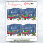 Full Sheet Layout
Entire 8.5x11 sheet with four Merry Christmas toppers plus trim lines and a note to print actual size on white cardstock; shows coordinated back art and helpful instructions at the bottom.
