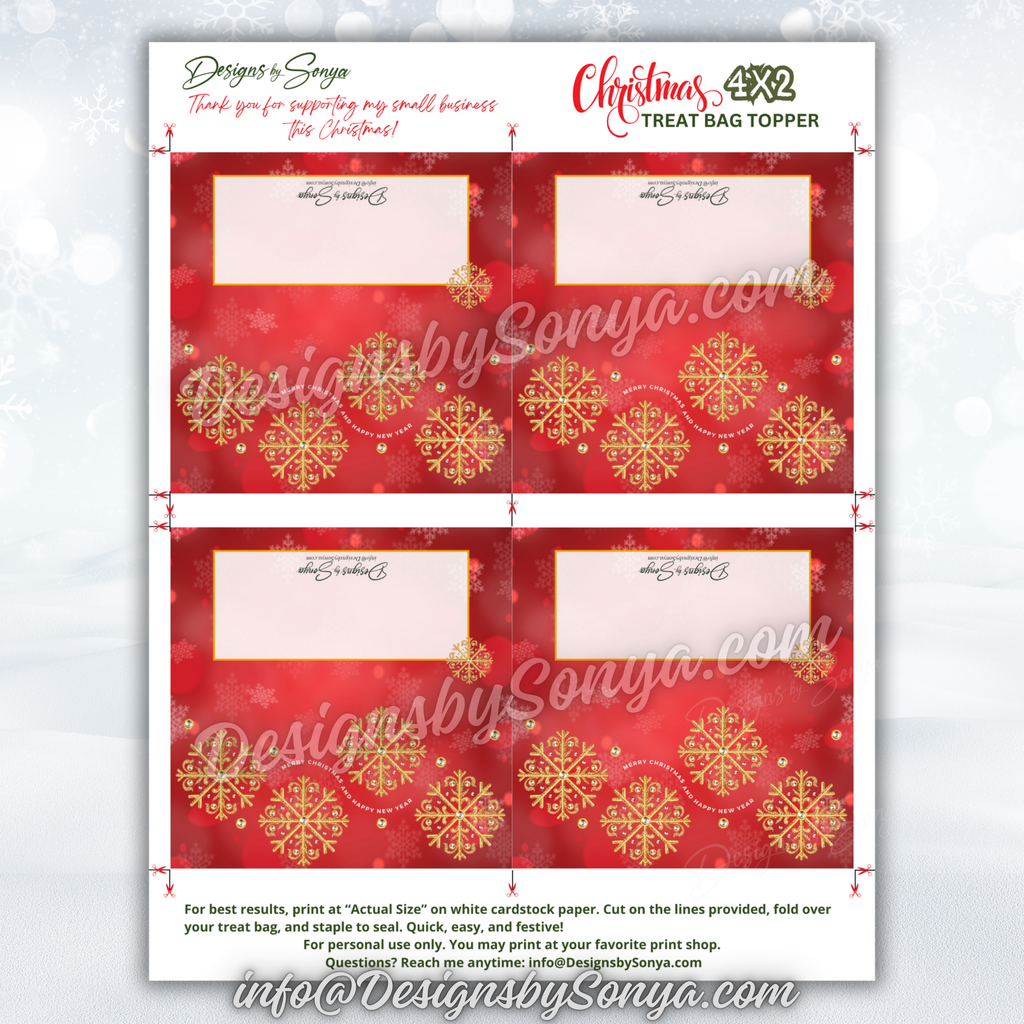 Full Sheet Layout
Close view of the PDF/JPG sheet with four red snowflake toppers and a back label area. Notes for best results: print on white cardstock; trim on guides; fold over treat bag; staple to seal.