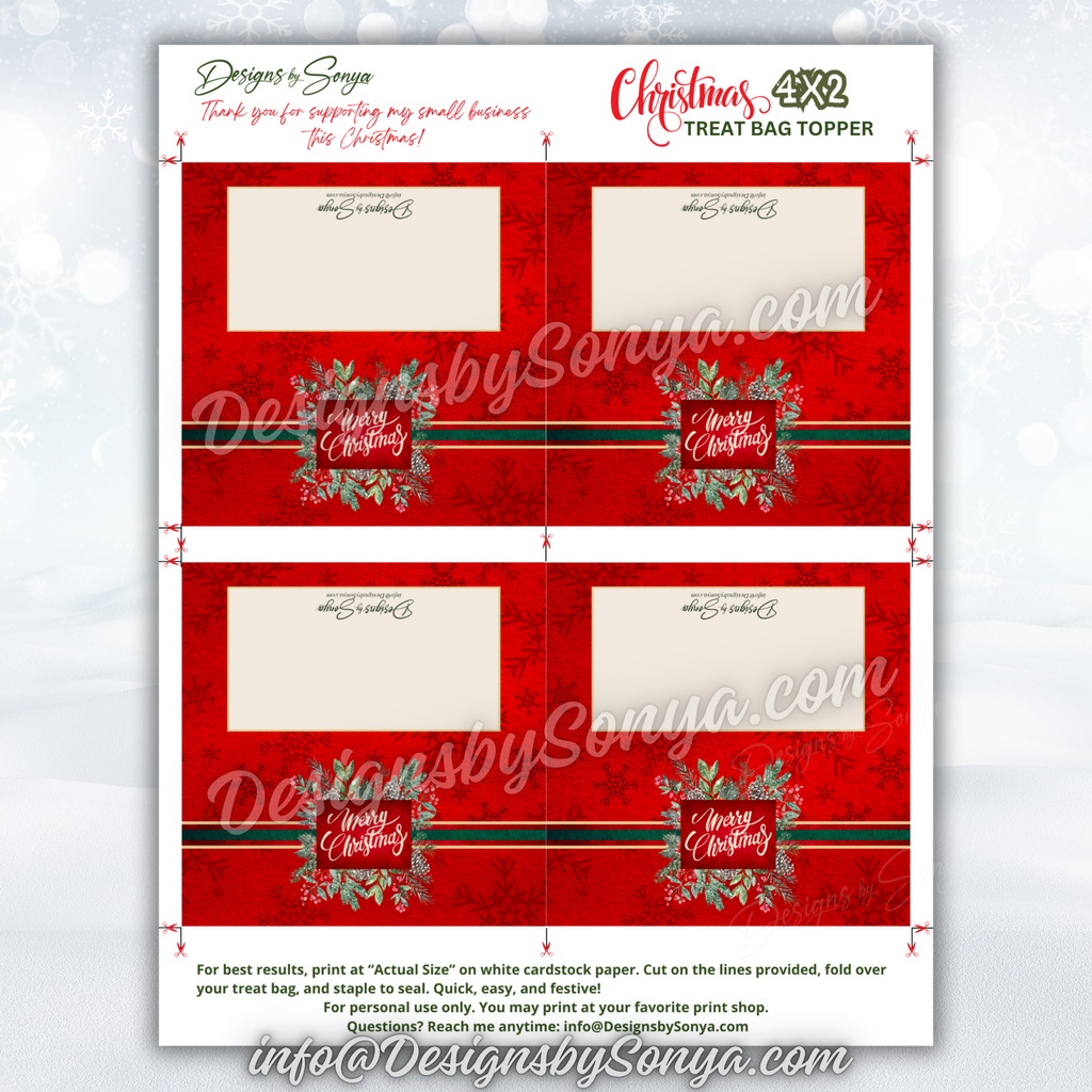 Full Sheet Layout with Guides
Complete page layout showing four red wreath toppers with trim and fold marks; best results when printing “Actual Size” on white cardstock; digital file for personal use.