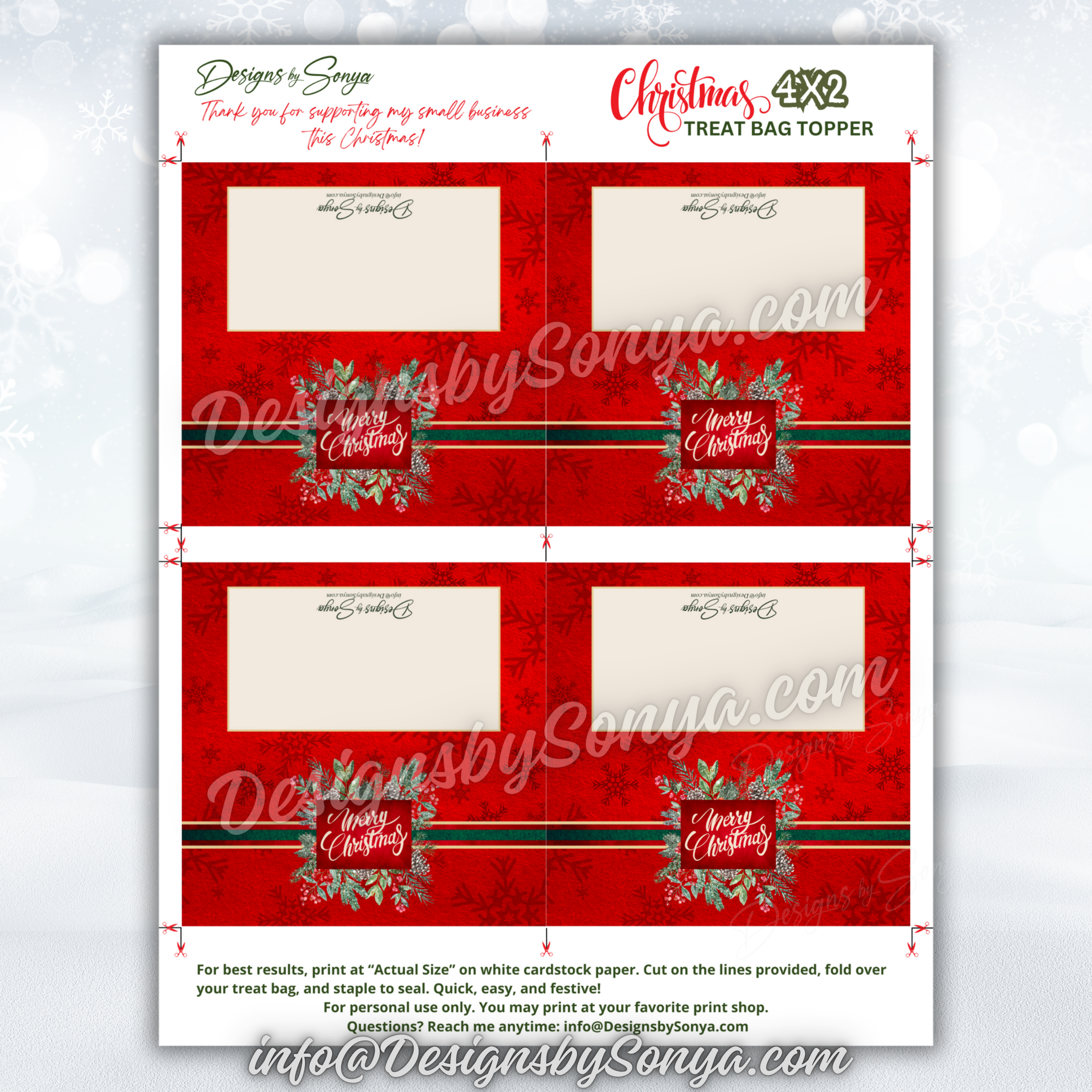 Full Sheet Layout with Guides
Complete page layout showing four red wreath toppers with trim and fold marks; best results when printing “Actual Size” on white cardstock; digital file for personal use.