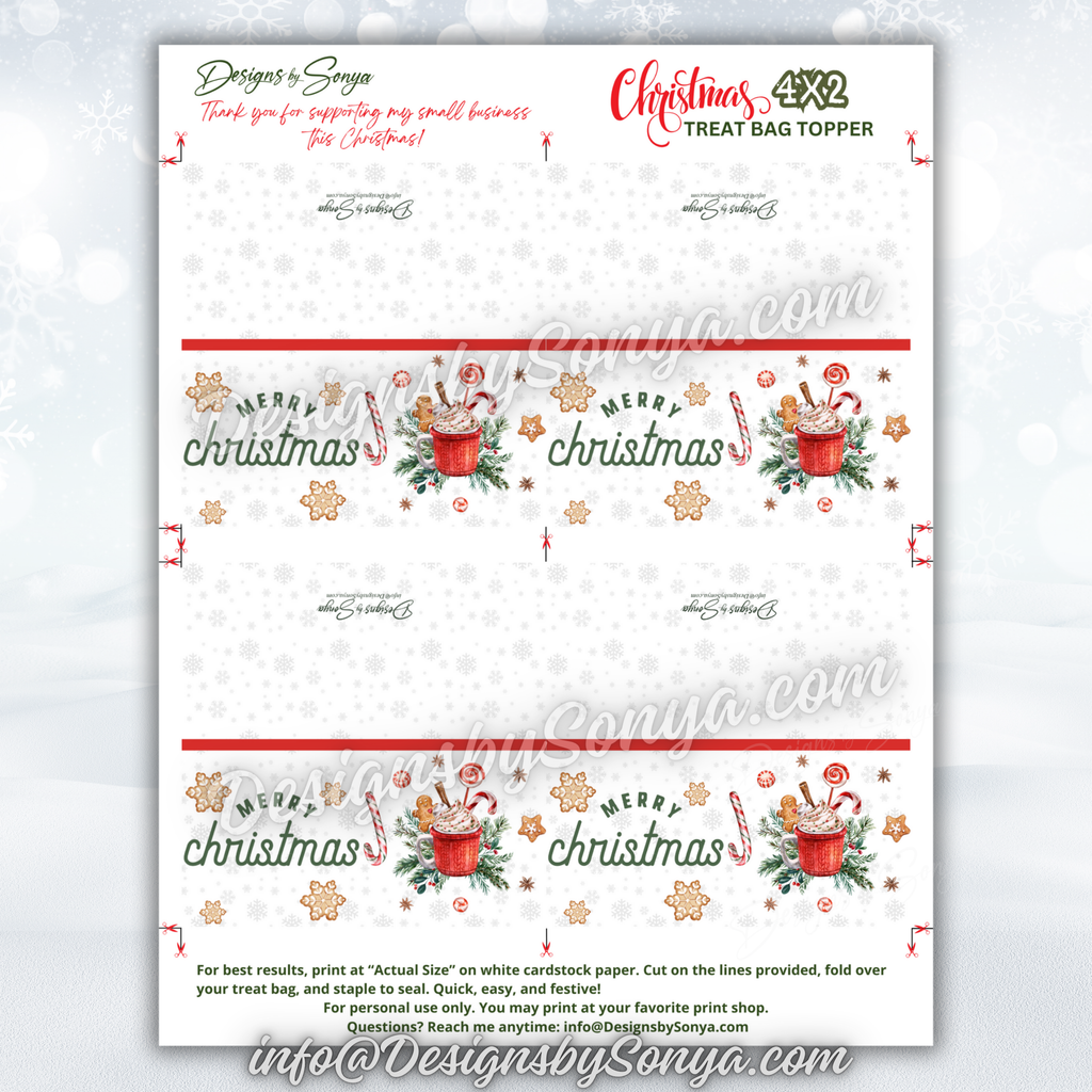 Full Sheet Layout
Flat preview page with four toppers per sheet; gingerbread and cocoa design; ready-to-print digital file.
