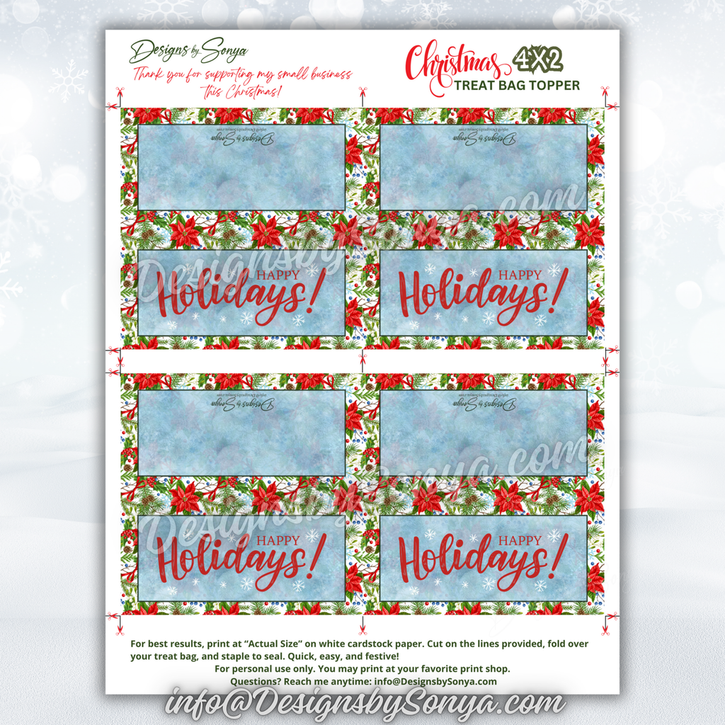 Full Sheet Layout
Flat PDF/JPG preview page showing four red and green poinsettia holiday toppers ready to print and trim.