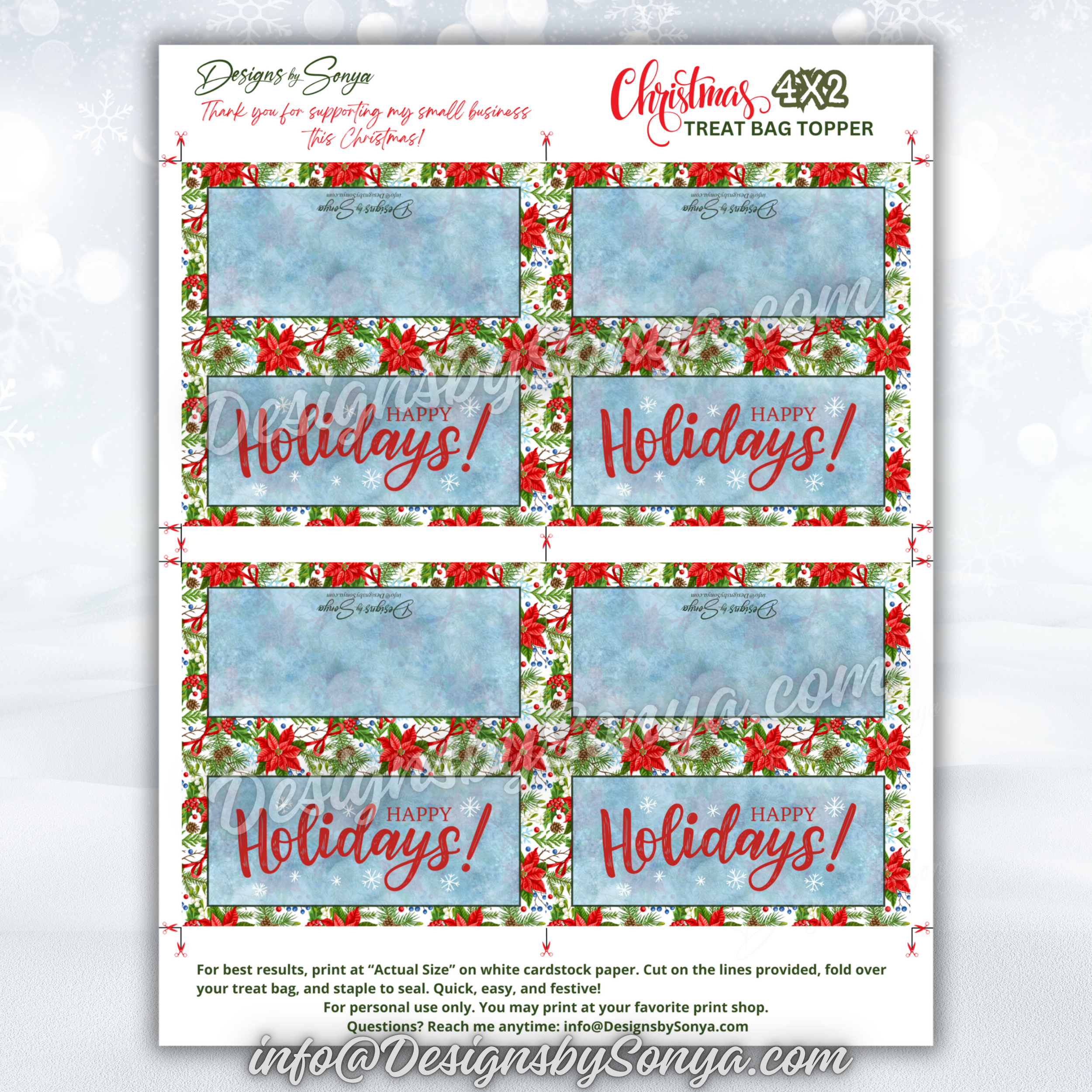 Full Sheet Layout
Flat PDF/JPG preview page showing four red and green poinsettia holiday toppers ready to print and trim.