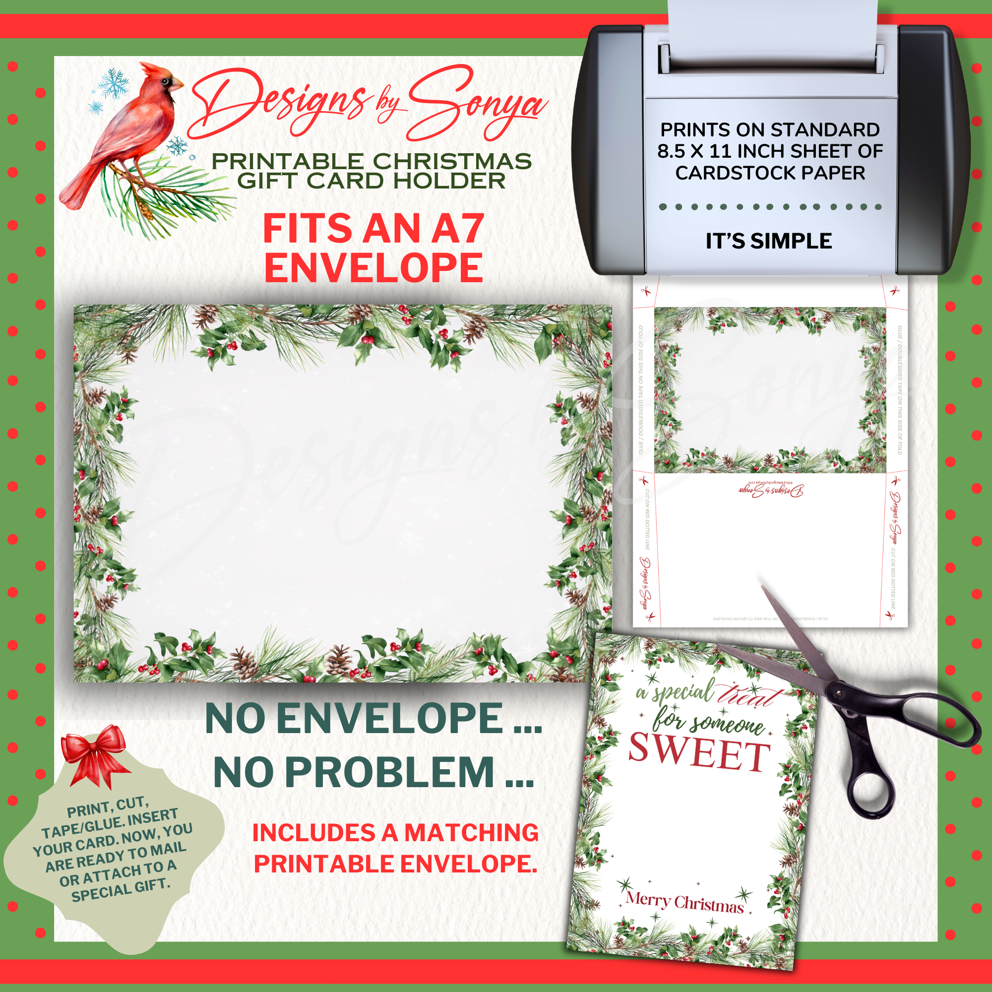 Matching Printable Christmas Envelope

Printable Christmas gift card holder with coordinating holiday envelope template. Designed to fit an A7 envelope, easy to cut, fold, and assemble.