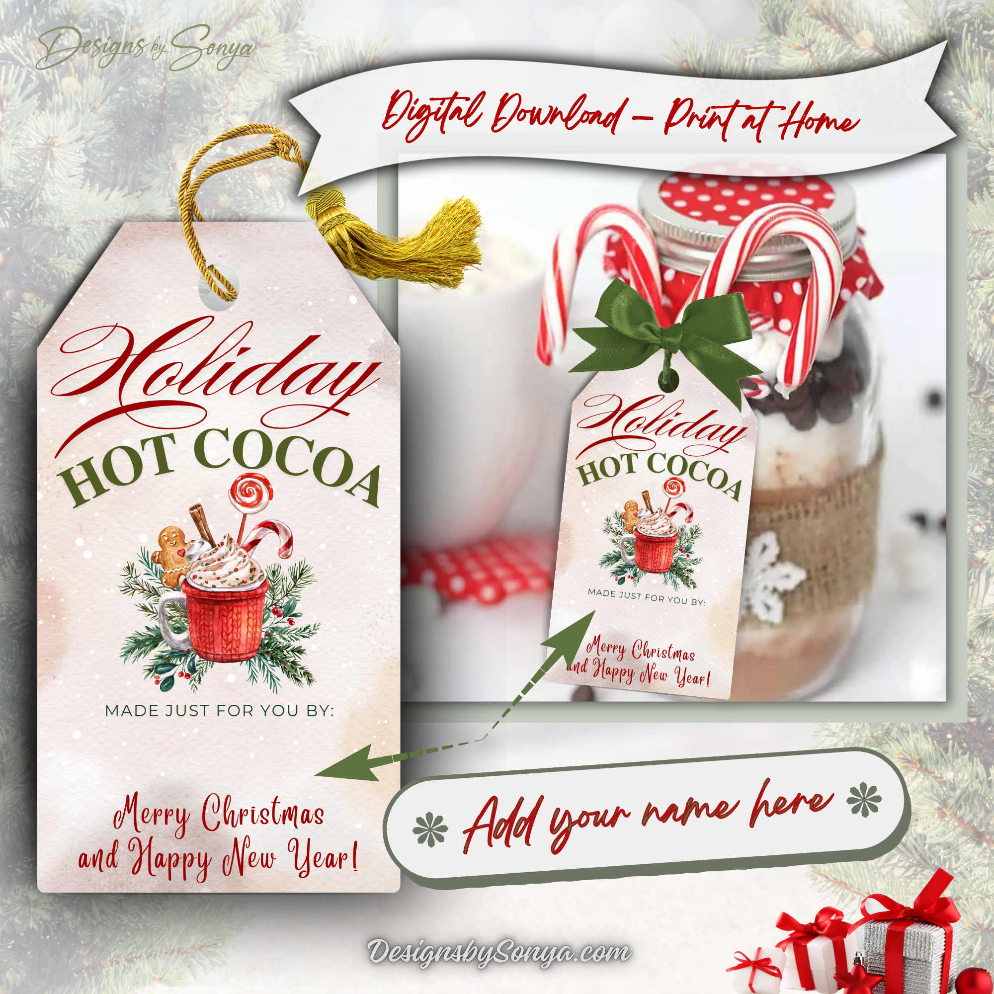 Red Mug Cocoa Tag with Candy Canes on Mason Jar
Holiday hot cocoa printable tag on a decorated mason jar with candy canes and chocolate chips, styled for Christmas gifting.
