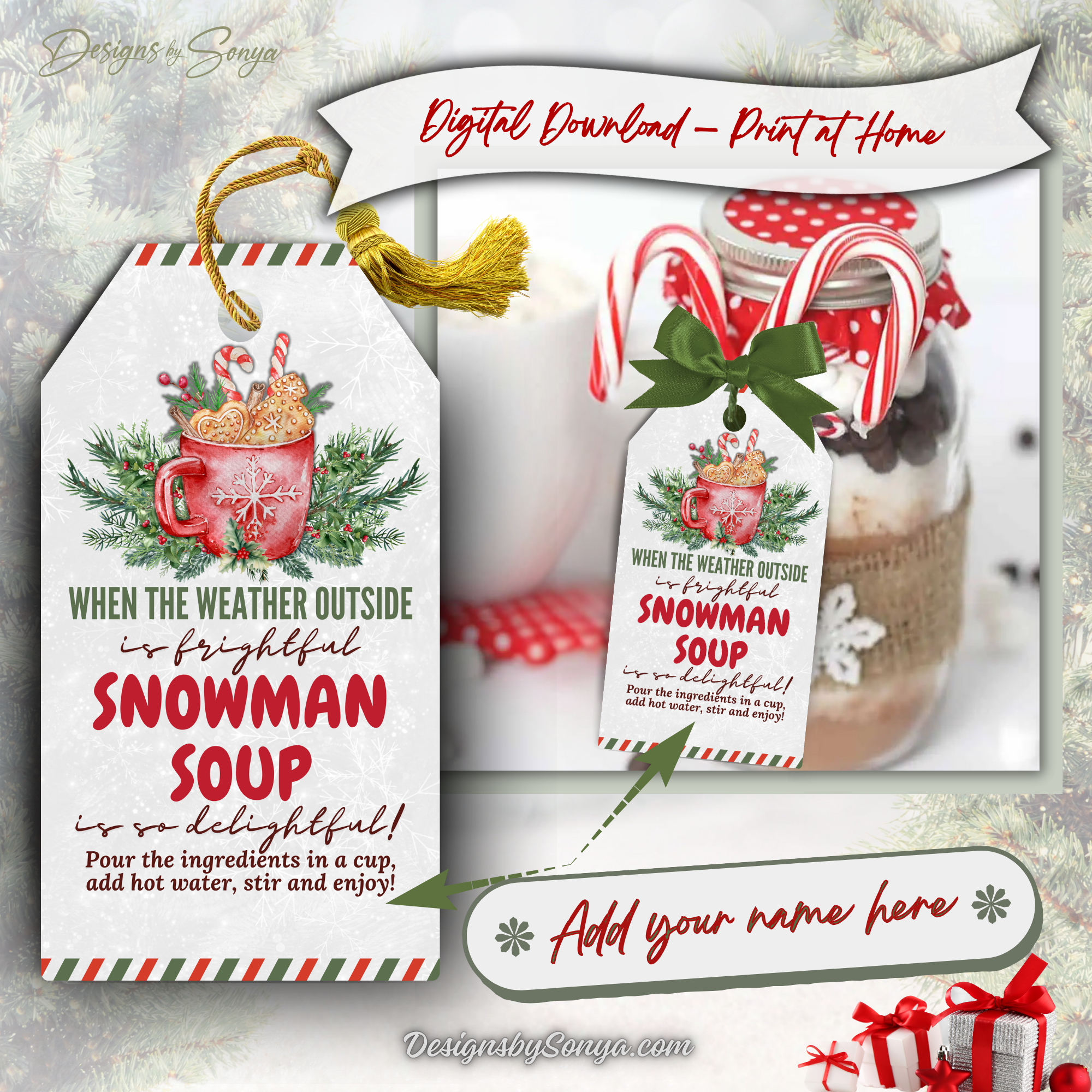 Snowman Soup Mason Jar Cocoa Kit Tag
Holiday Snowman Soup printable gift tag tied to a mason jar cocoa kit decorated with candy canes and red accents for holiday gifting.