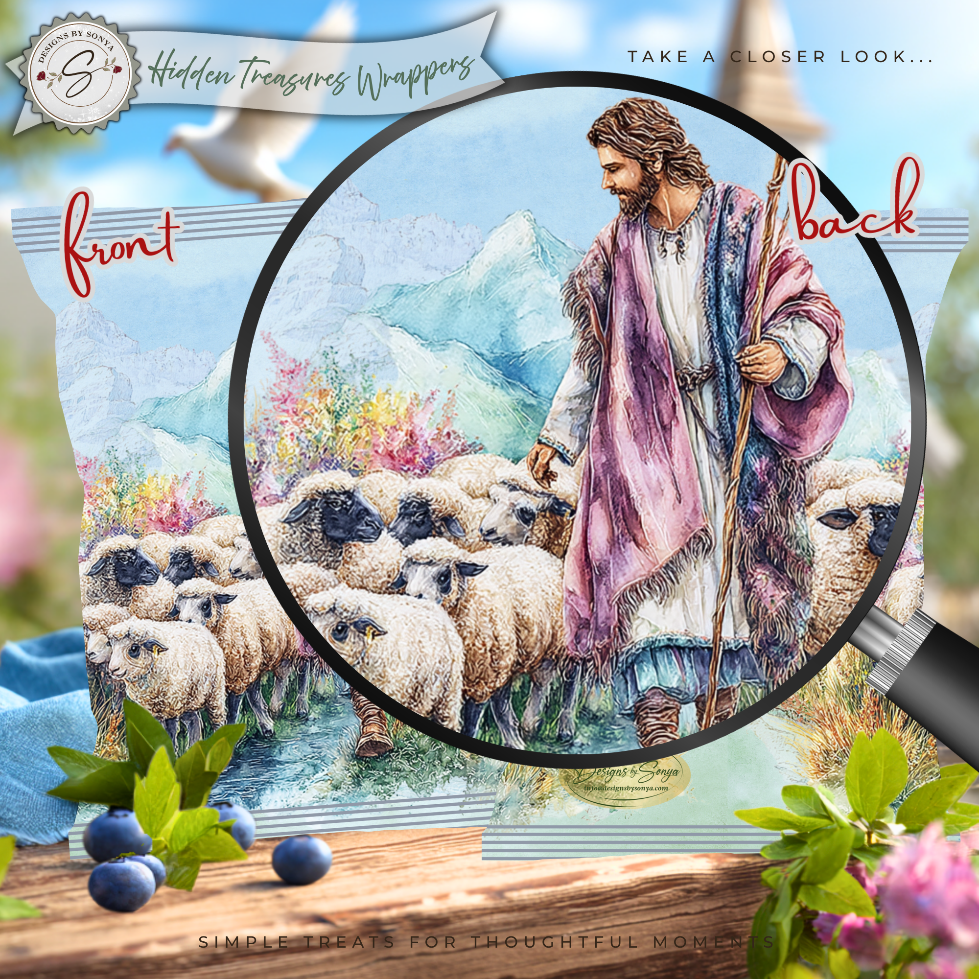 Jesus with Sheep, Good Shepherd Printable Chip Bag Wrapper – Christian Easter Basket Treat – Christian Church Party Favor,  Faith Gift
