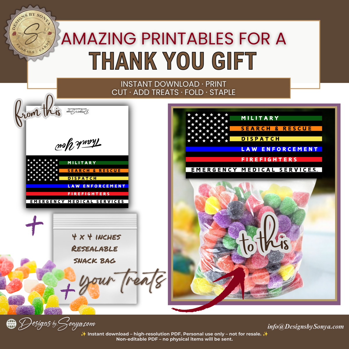 First Responder Flag Thank You Treat Bag Topper | Military, Firefighter, EMS, Police, Dispatch | Printable Appreciation Gift