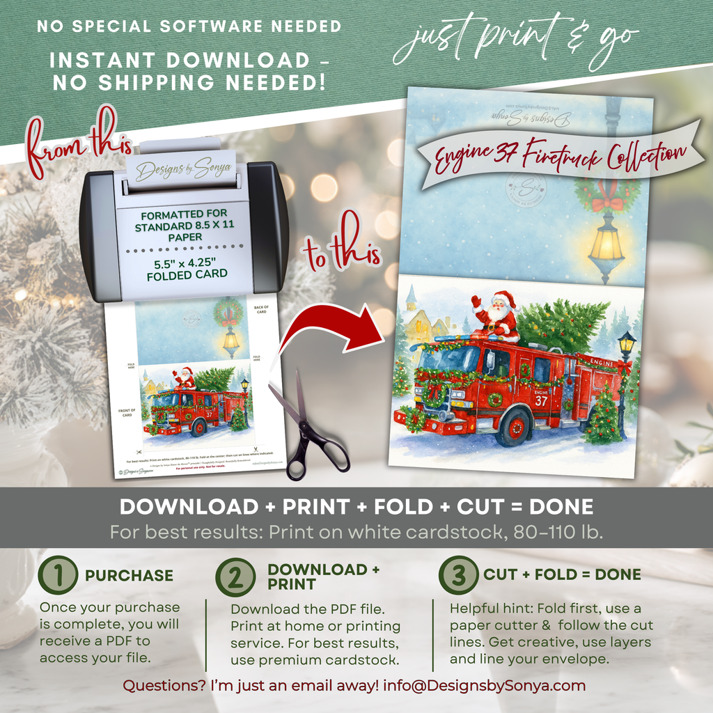 Engine 37 Firetruck Printable Christmas Note Cards | Set of 6 A2 - 5.5"x4.25"| Honor the Firefighter and First Responder Heroes